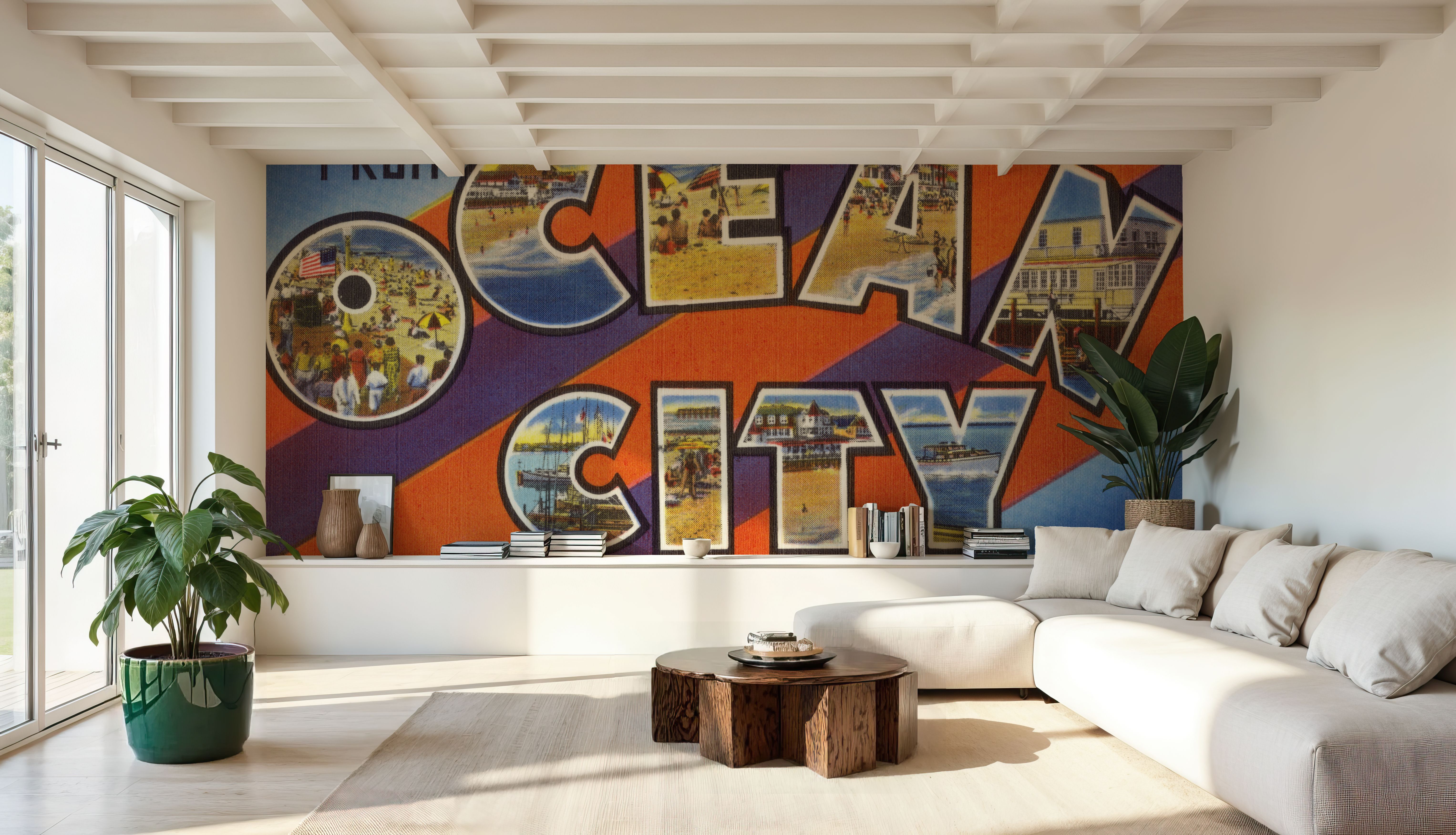 Wall Mural - Greetings from Ocean City MD. - Screenprint Postcard - Beach Travel & Landmarks mural wallpaper - Orange - Bedroom - Wallism Ireland