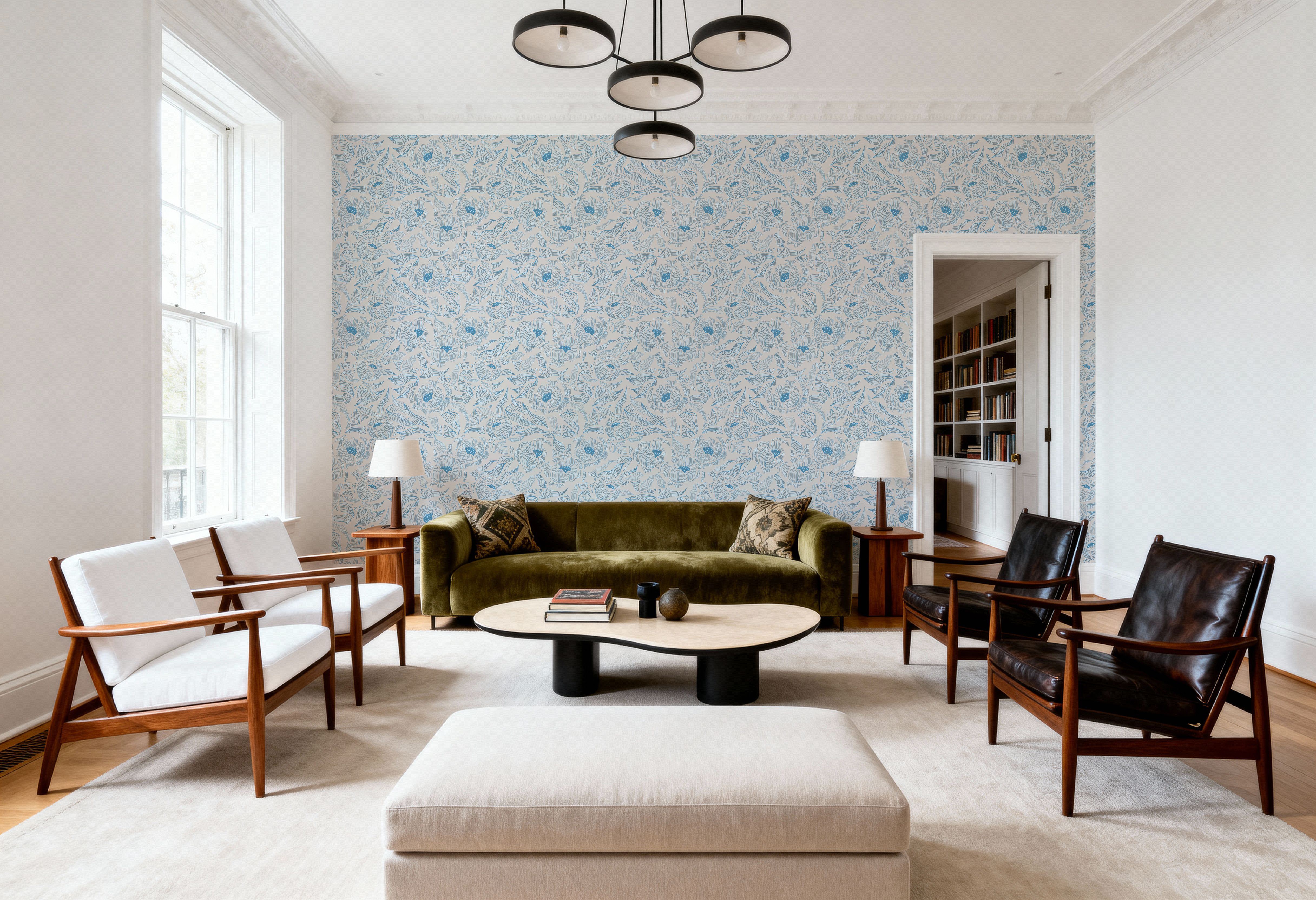 Hidden Peonies, Blue on Beige