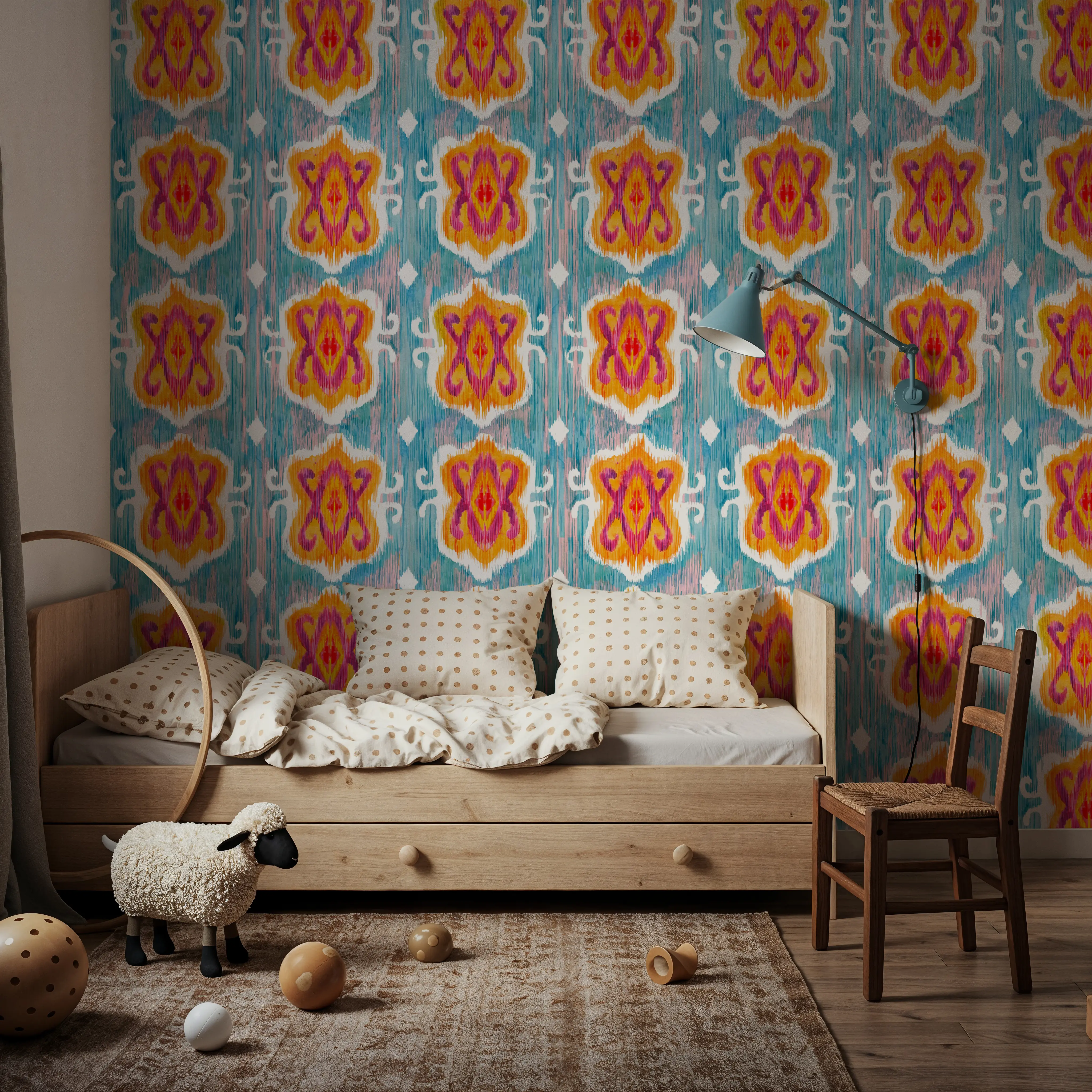 Papier Peint - Purple Blossom Ikat - Ikat - Orange - Chambre - Wallism Belgique - Encollage au mur ou Autocollant