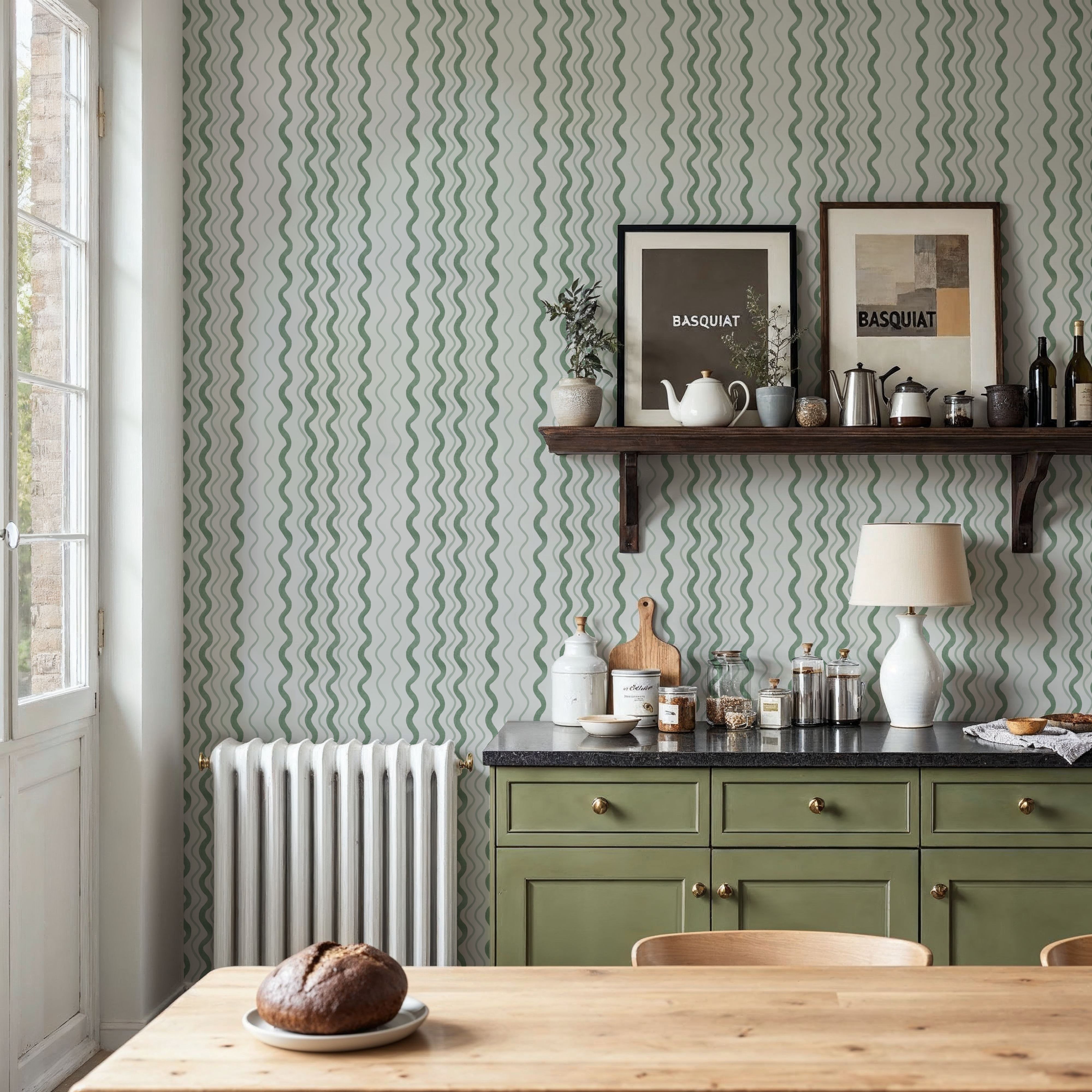 Wavy Stripes, Green, Papier peint