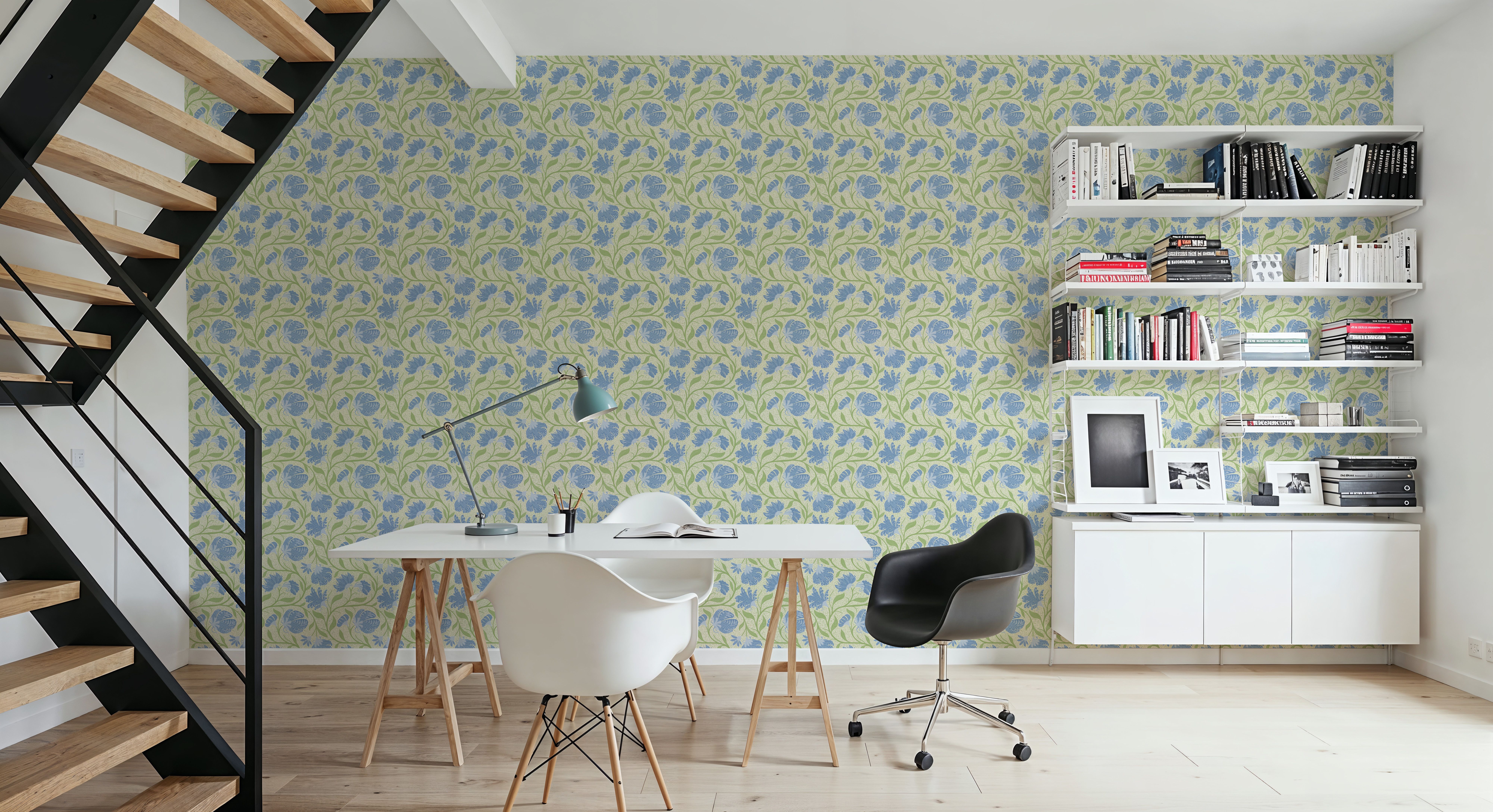 Indial Floral, Baby Blue on Light Green