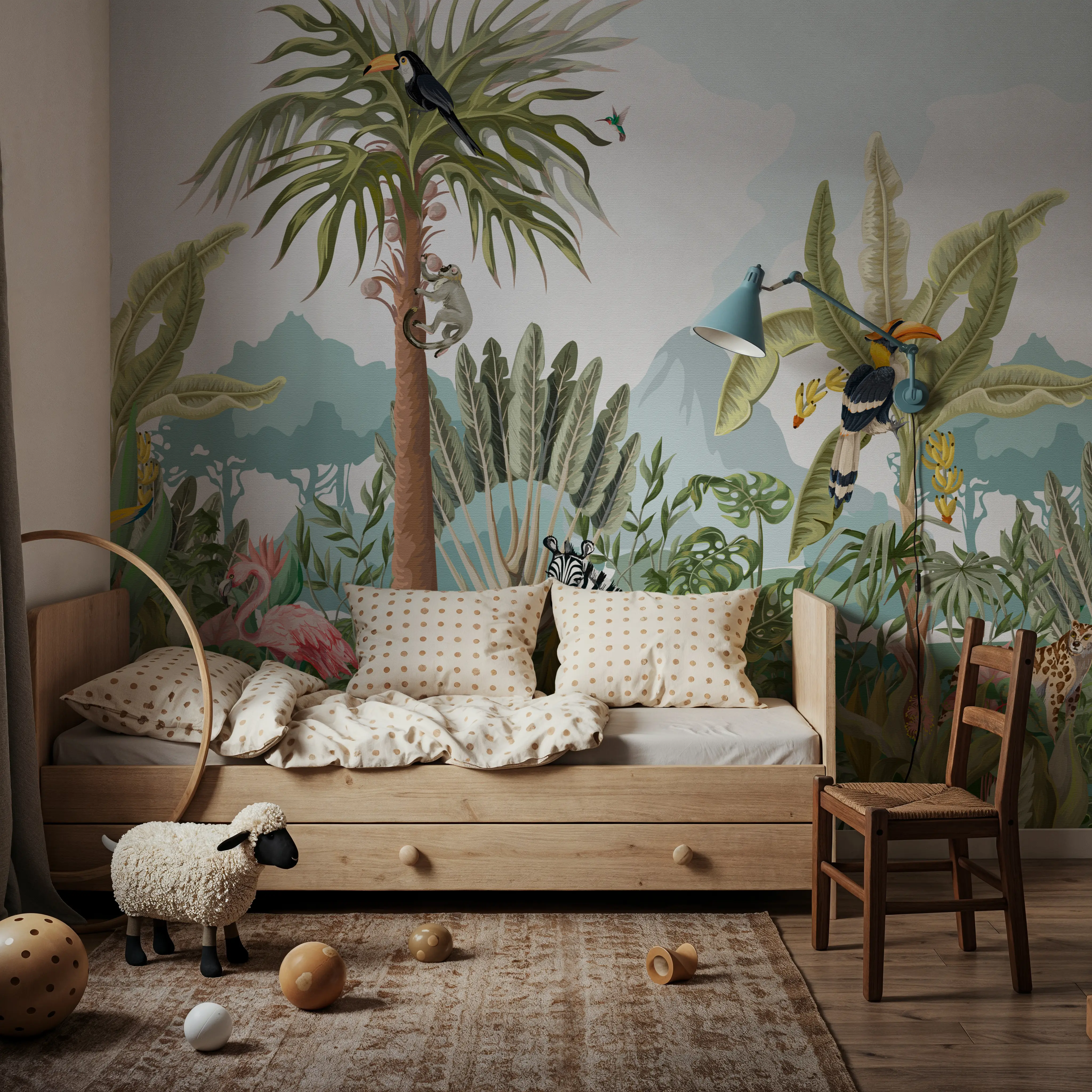 Wall Mural - Mischievous Jungle Friends - Birds Forest mural wallpaper - Green - Kids' Room - Wallism UK - Peel & Stick or Paste-the-Wall