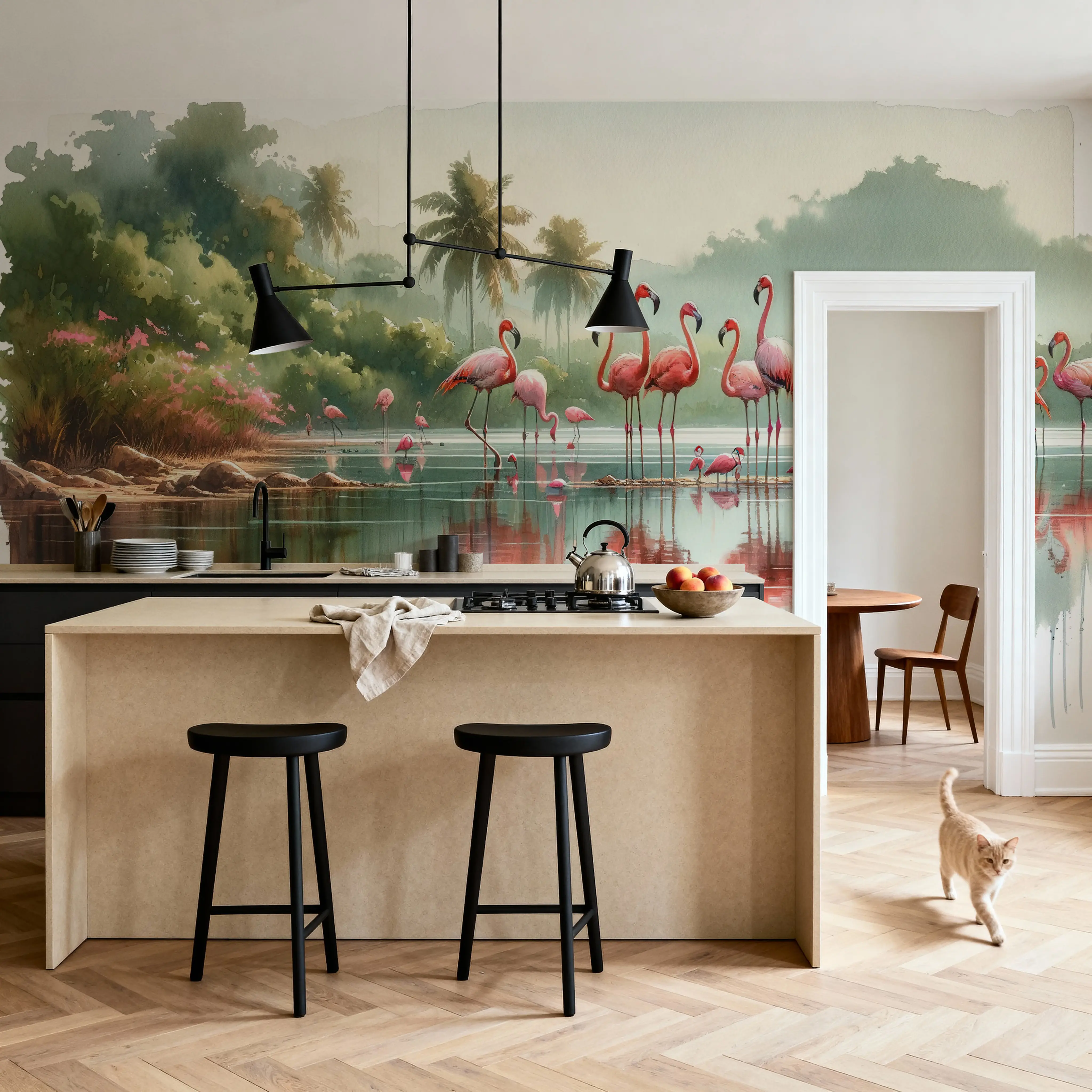 Wall Mural - Morning Reflections of Flamingos - Birds Animals mural wallpaper - Pink - Bedroom - Wallism UK - Peel & Stick or Paste-the-Wall