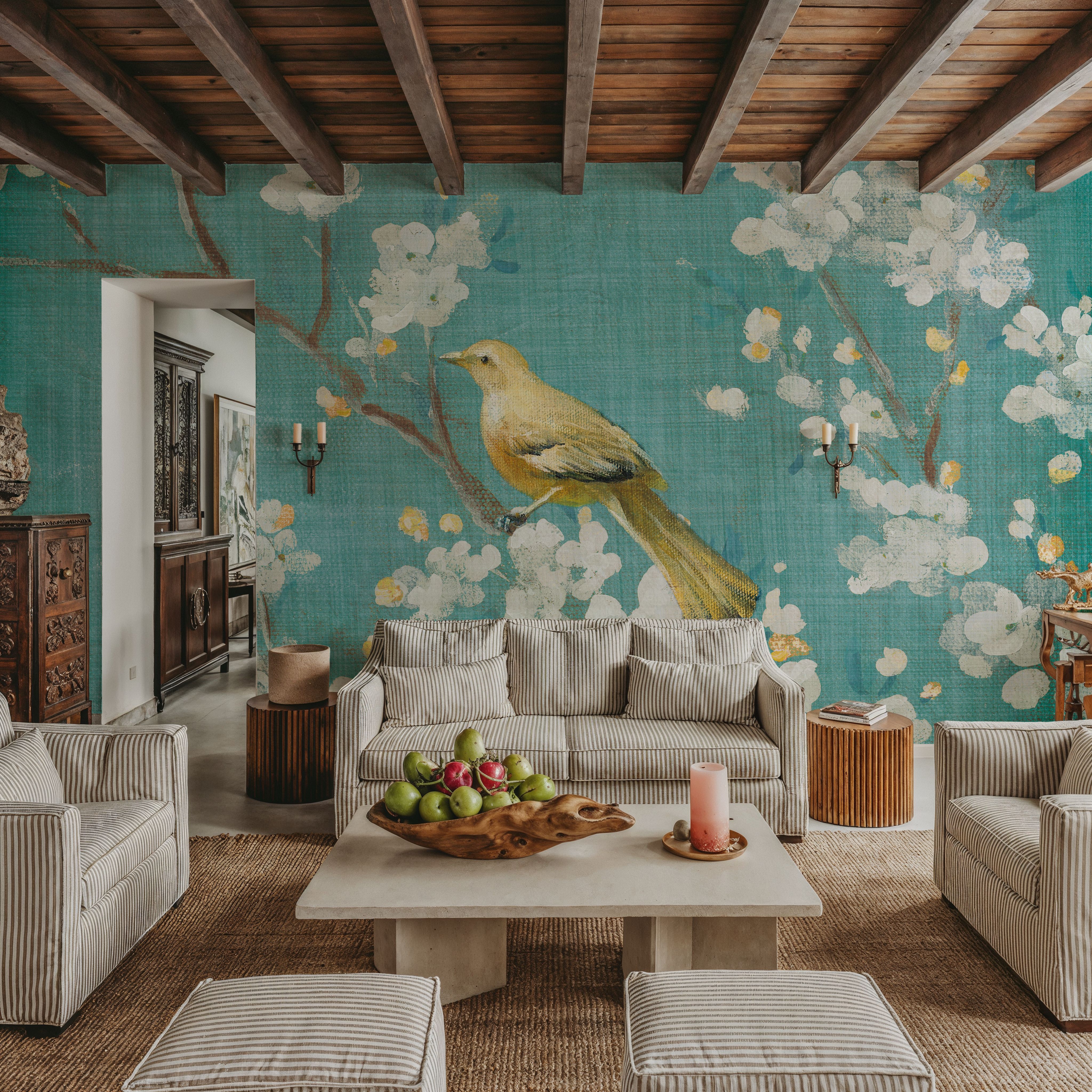 White Cherry Blossoms II on Blue Aged