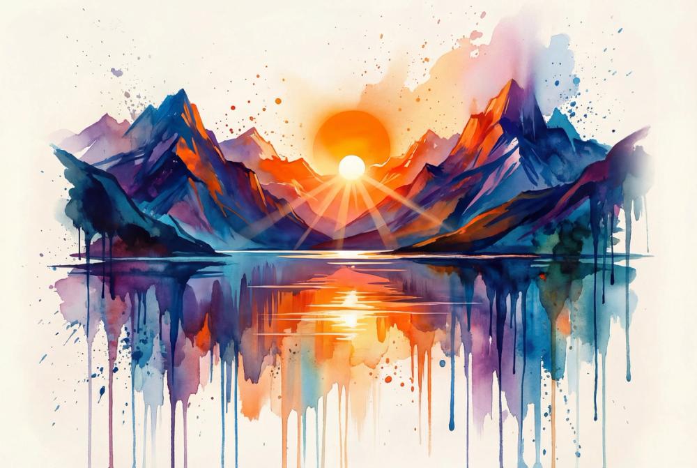 Mountain Lake - Watercolor Sunset Series