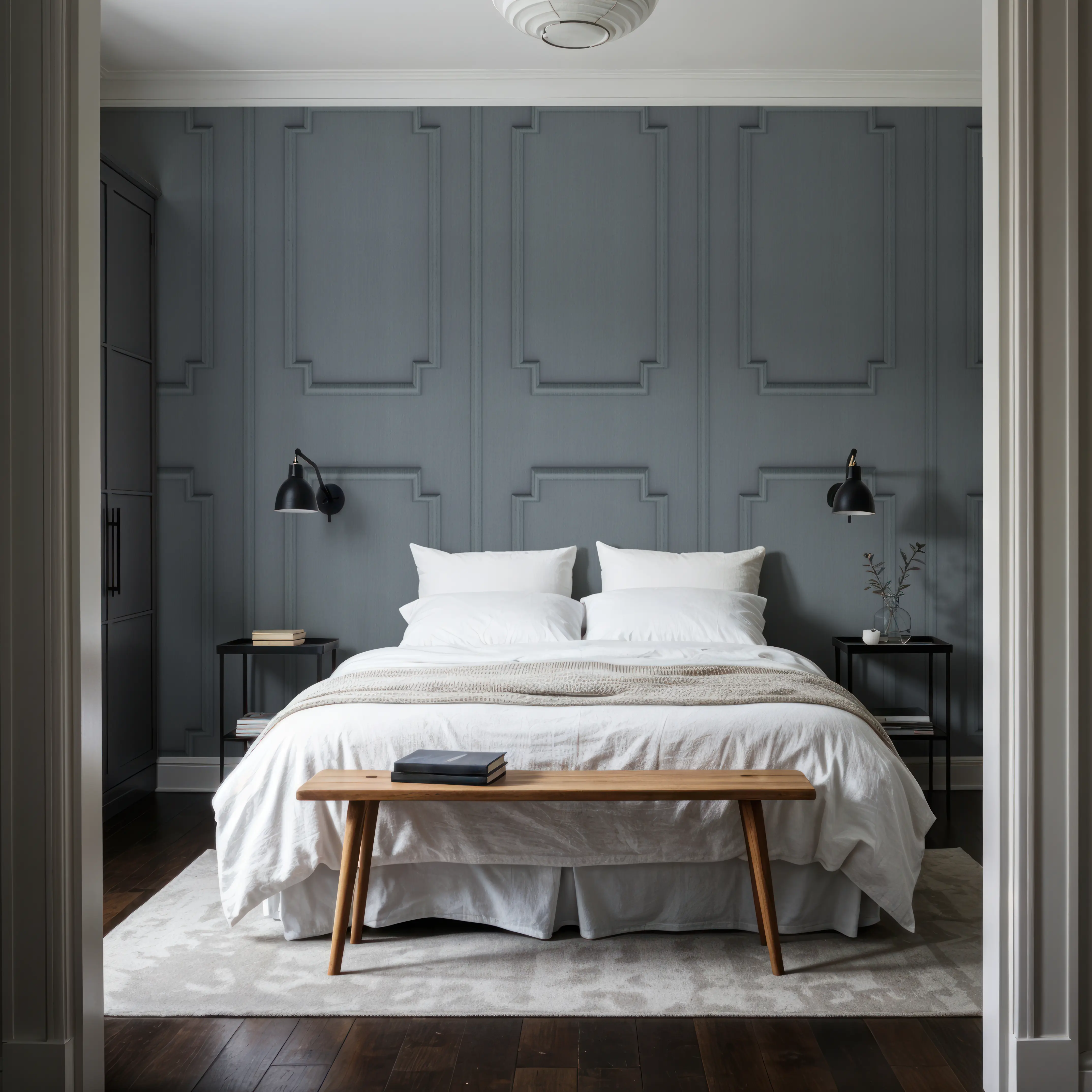 Fotobehang - Faux Wall Panel Moulding, Stone - Paneel Behang Mural - Blauw - Slaapkamers - Wallism België - Zelfklevend of Vliesbehang