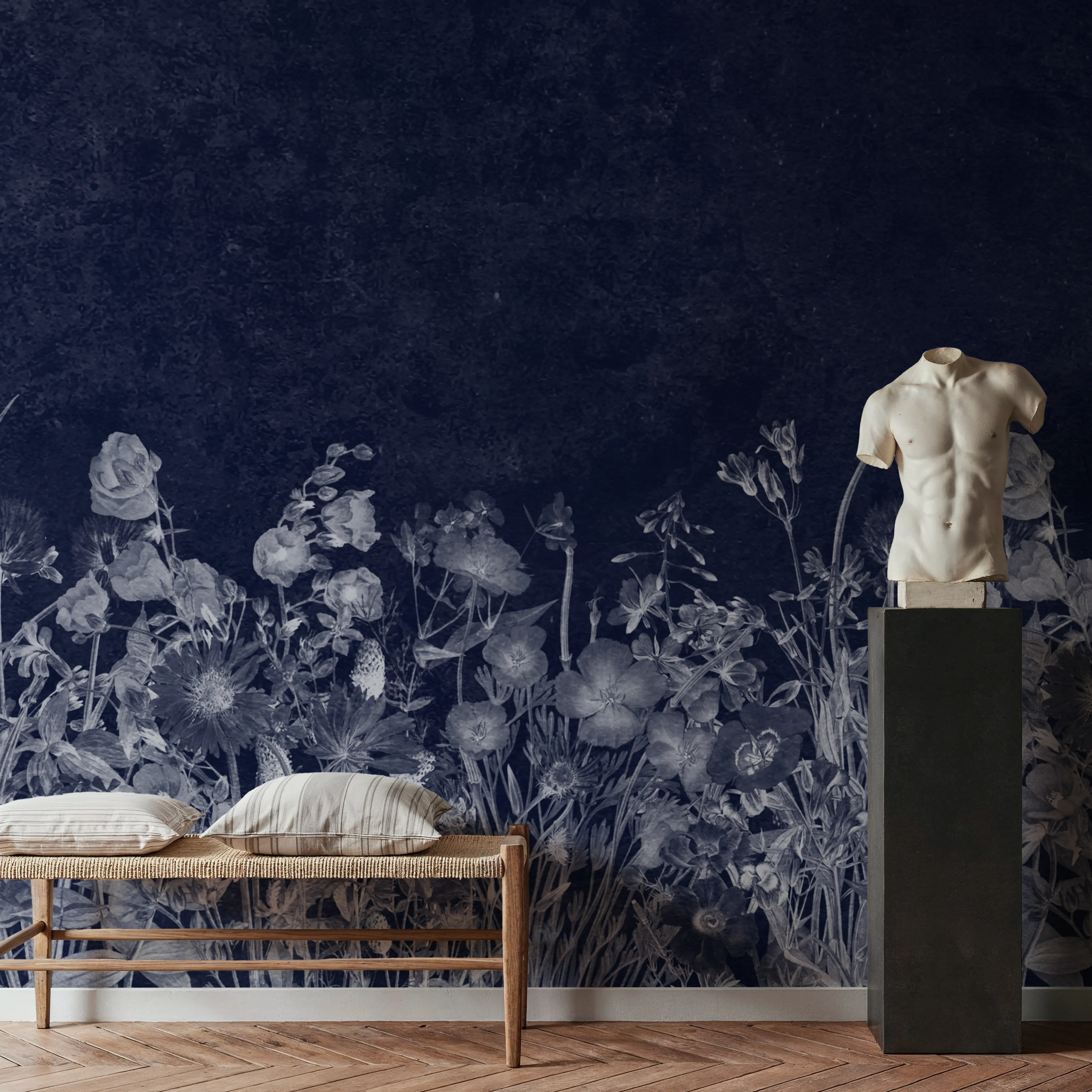 Papier Peint Panoramique - Scented Summer - Floral Toile de Jouy - Bleu - Chambre - Wallism Belgique - Encollage au mur ou Autocollant