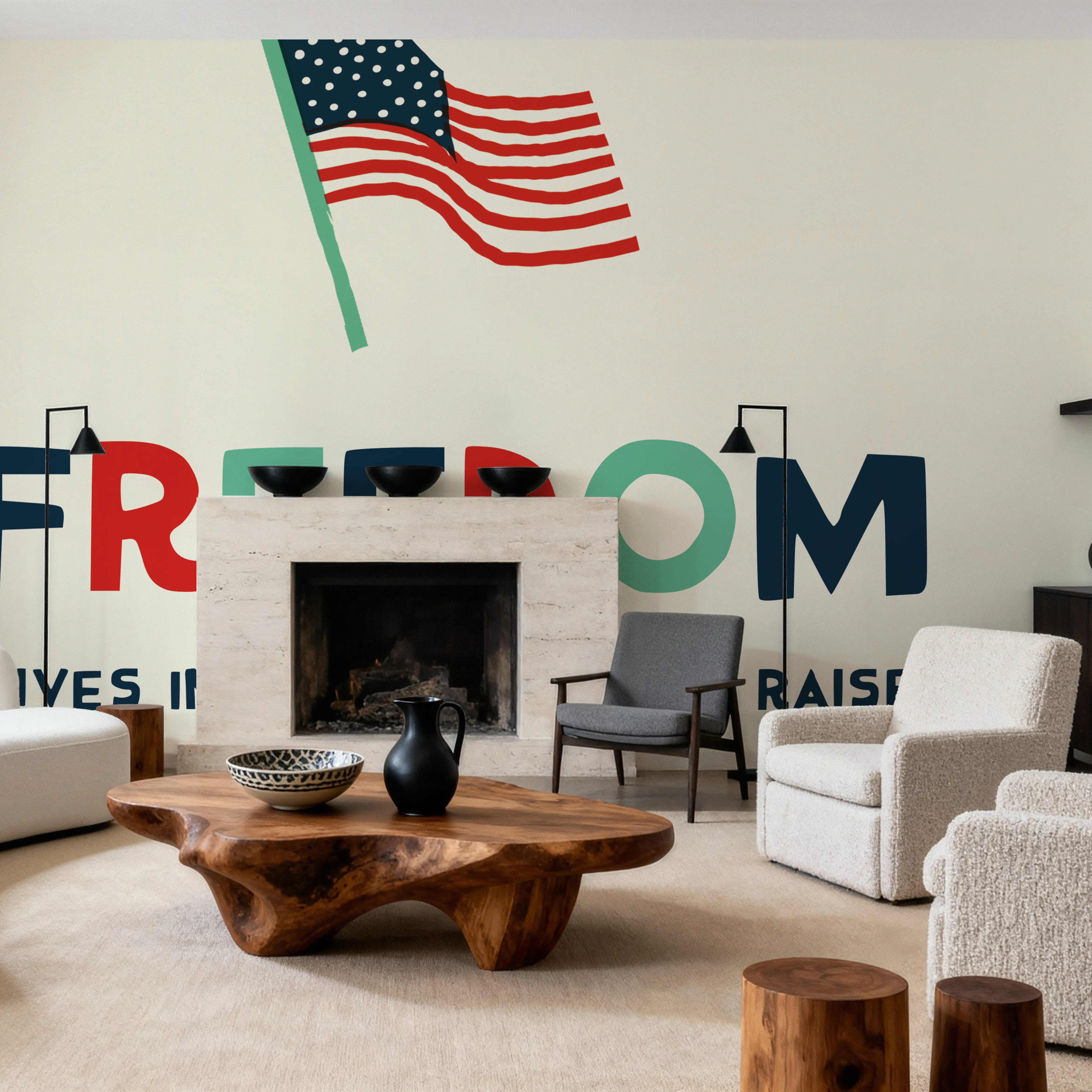 Fotobehang - Freedom Flag - Grafische Kunst Mural - Wit - Kinderkamer - Wallism Nederland - Zelfklevend of Vliesbehang