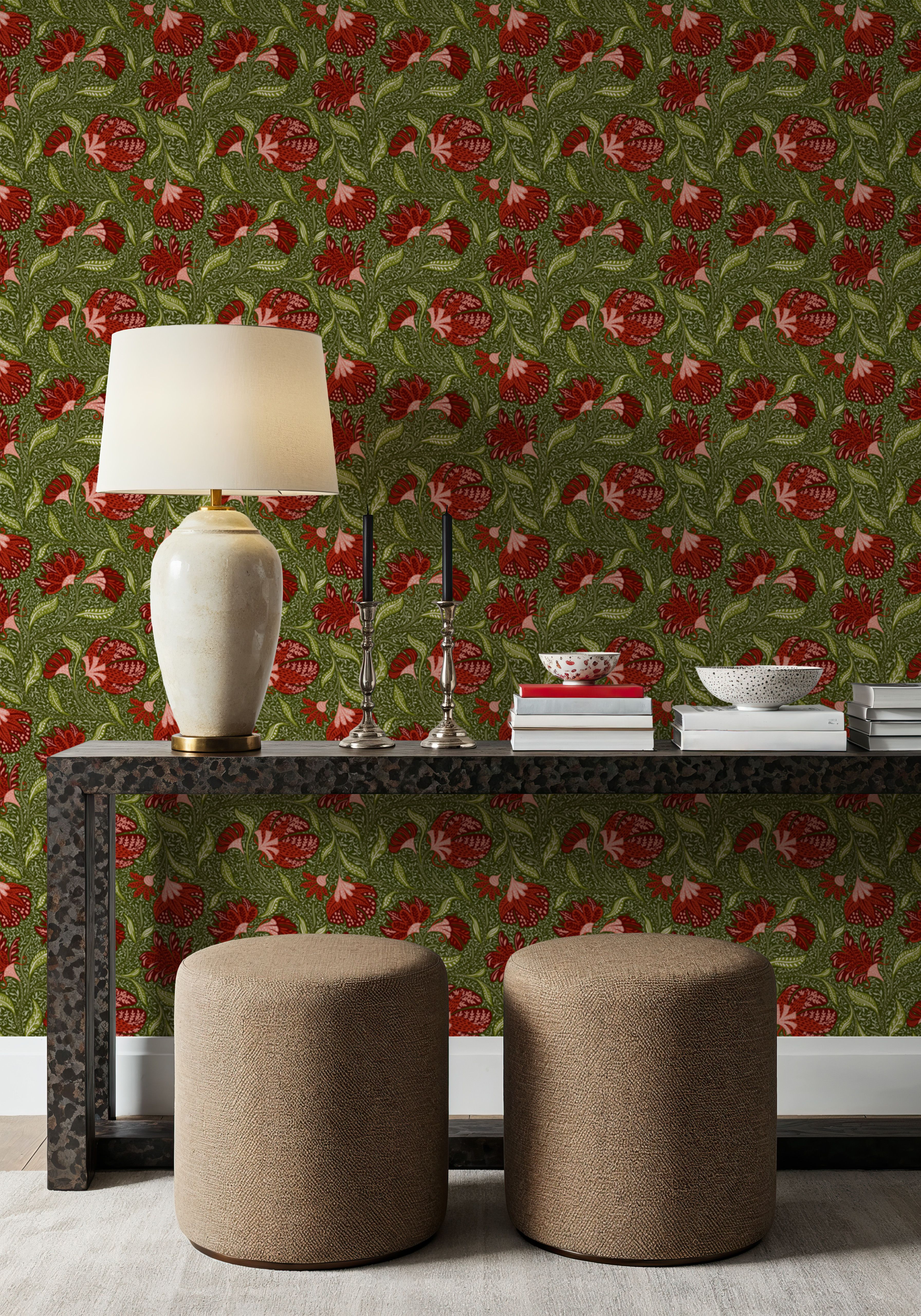Indial Floral, Vermilion on Olive