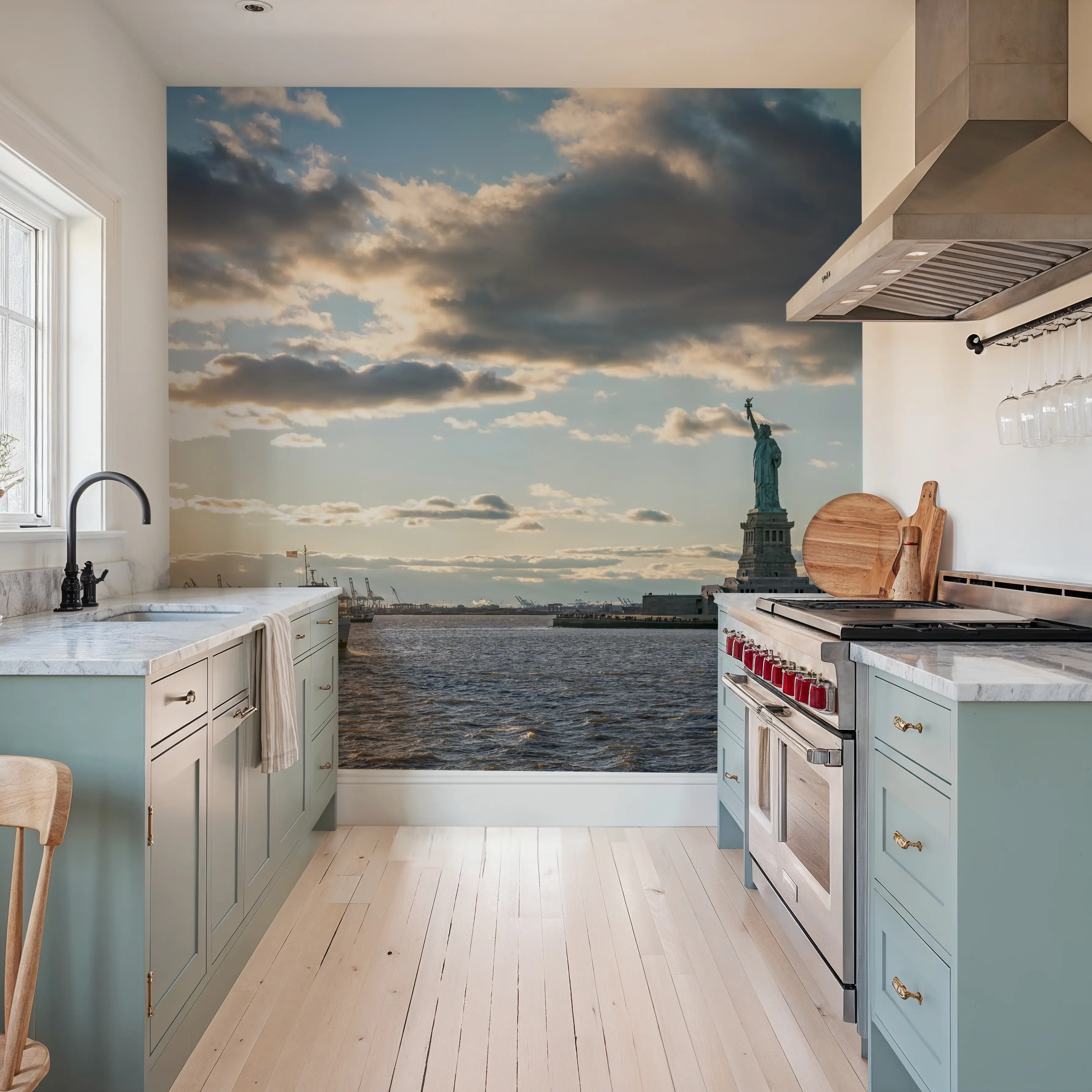 Fotobehang - Statue of Liberty Cruise - Monumenten Voertuigen Mural - Blauw - Slaapkamers - Wallism Nederland - Zelfklevend of Vliesbehang