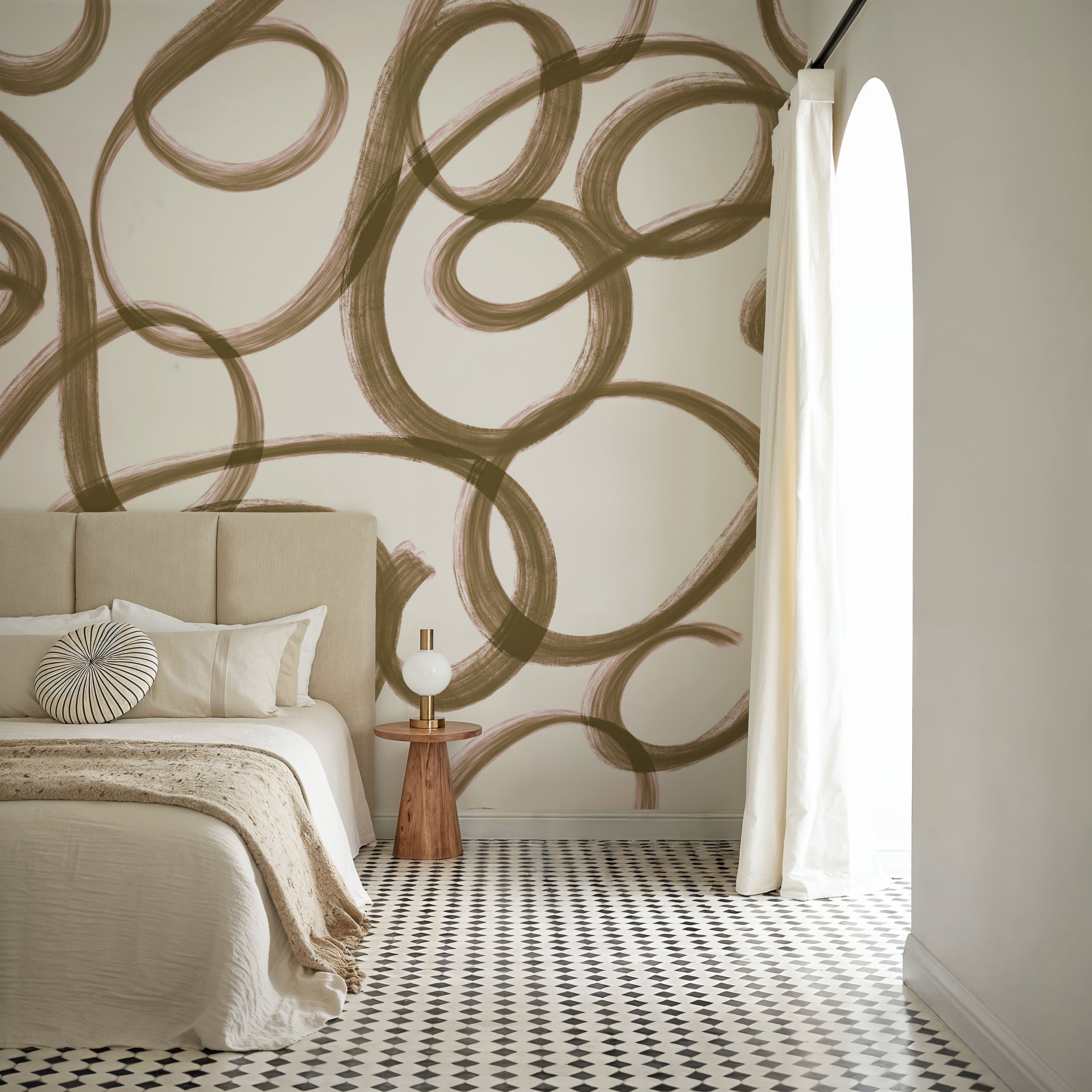Wall Mural - Curly Brush Lines, Beige - Abstract mural wallpaper - Brown - Living room - Wallism US - Premium, Textured or Peel & Stick