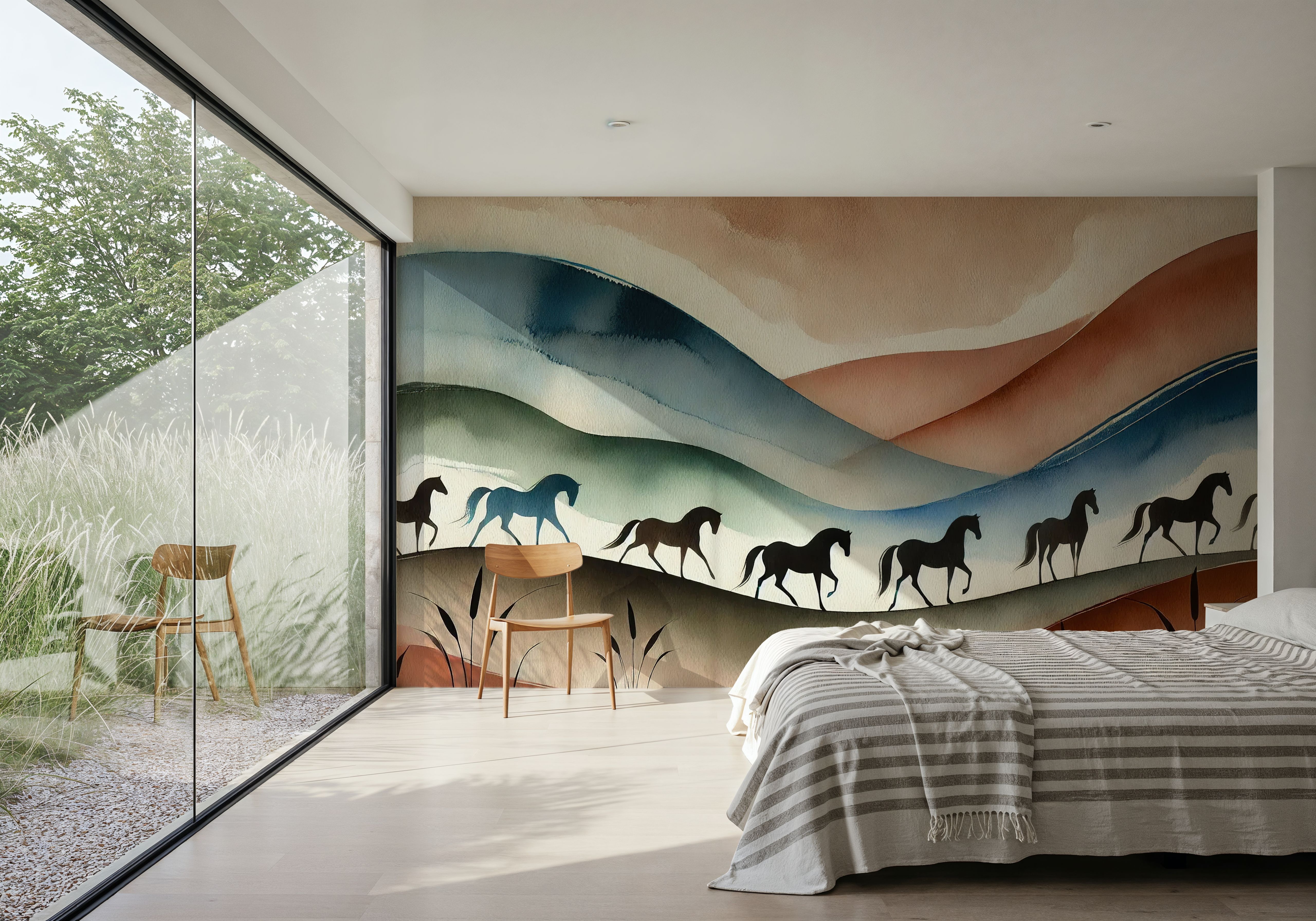 Tranquil Horse Escape in Art Deco, Wallpaper