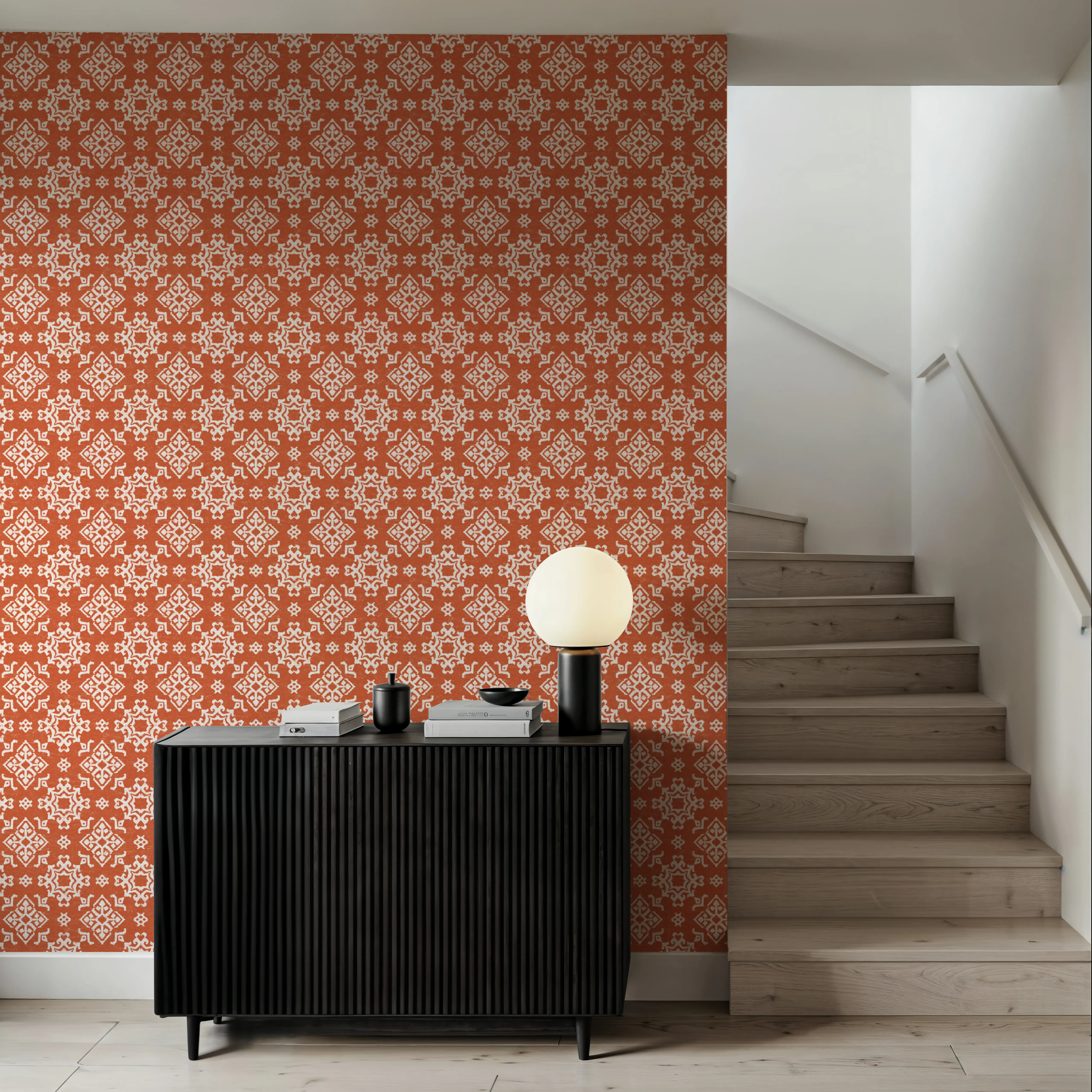 Papier Peint - Atlantic Flakes Rust - Folklorique Ikat - Orange - Bureaux - Wallism Belgique - Encollage au mur ou Autocollant