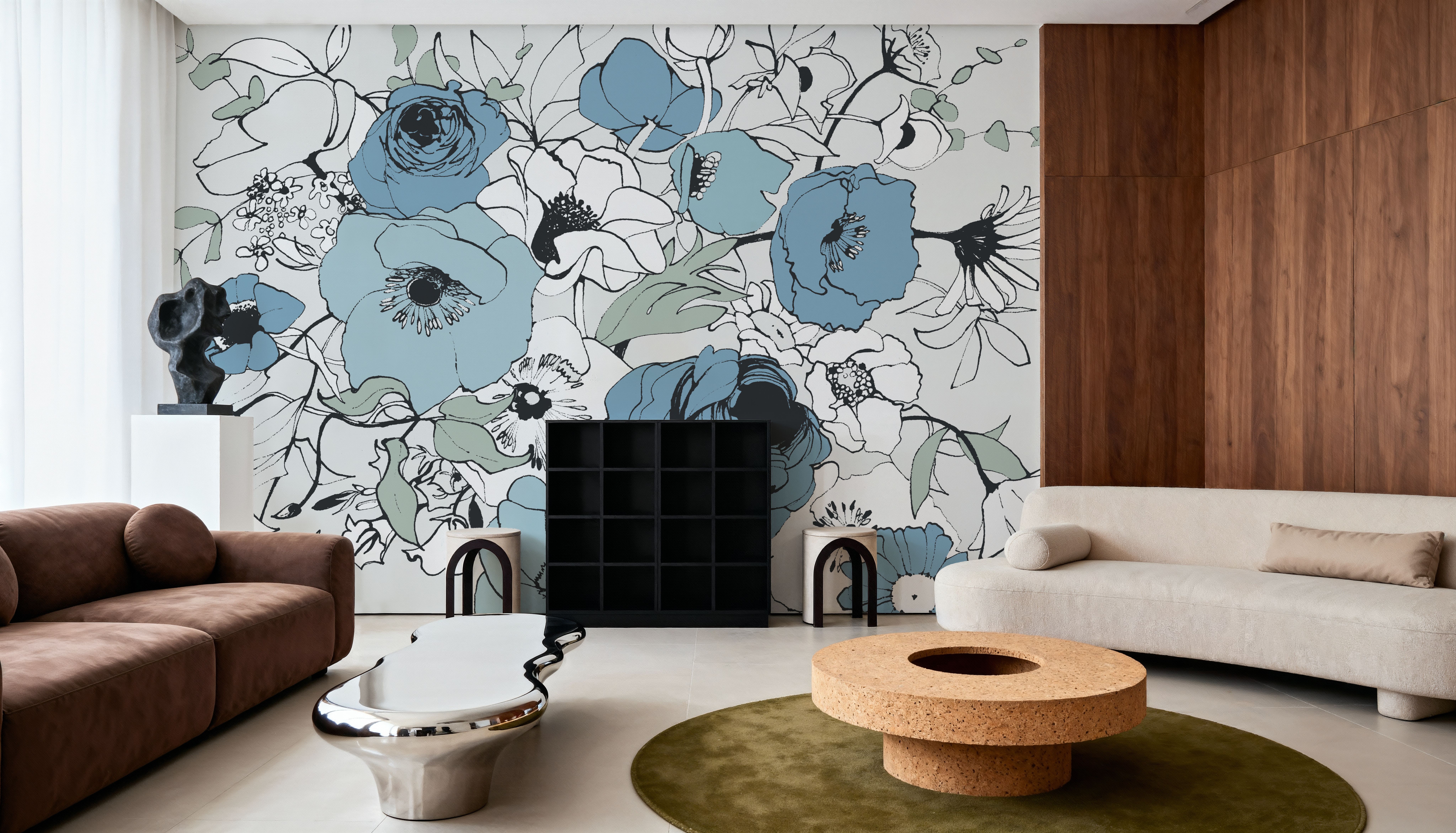 Watercolor Black Lined Poppies Mix, Carte da parati