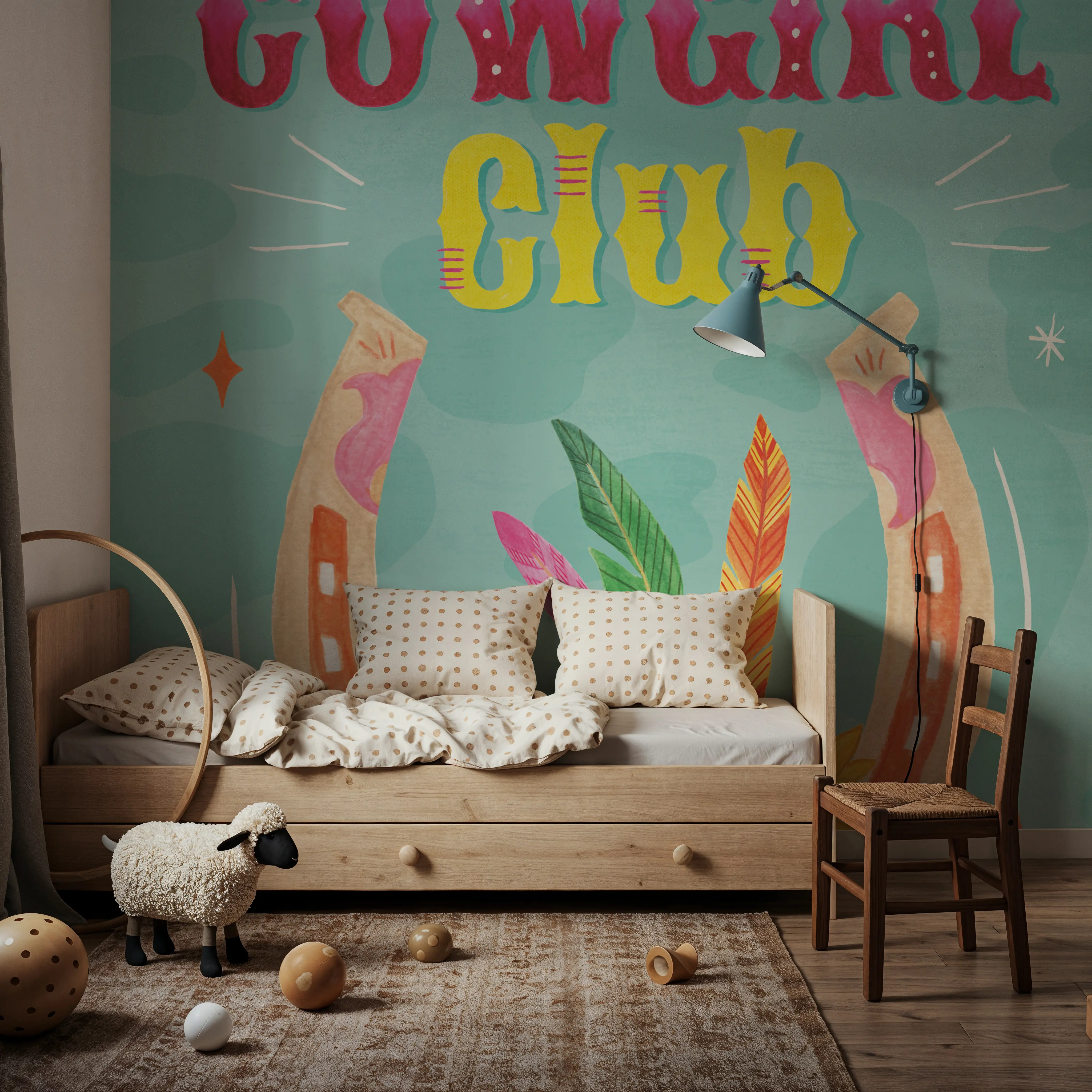 Papier Peint Panoramique - Cowgirl Club II - Contemporain Graphiques - Bleu - chambre d'enfant - Wallism Belgique - Encollage au mur ou Autocollant