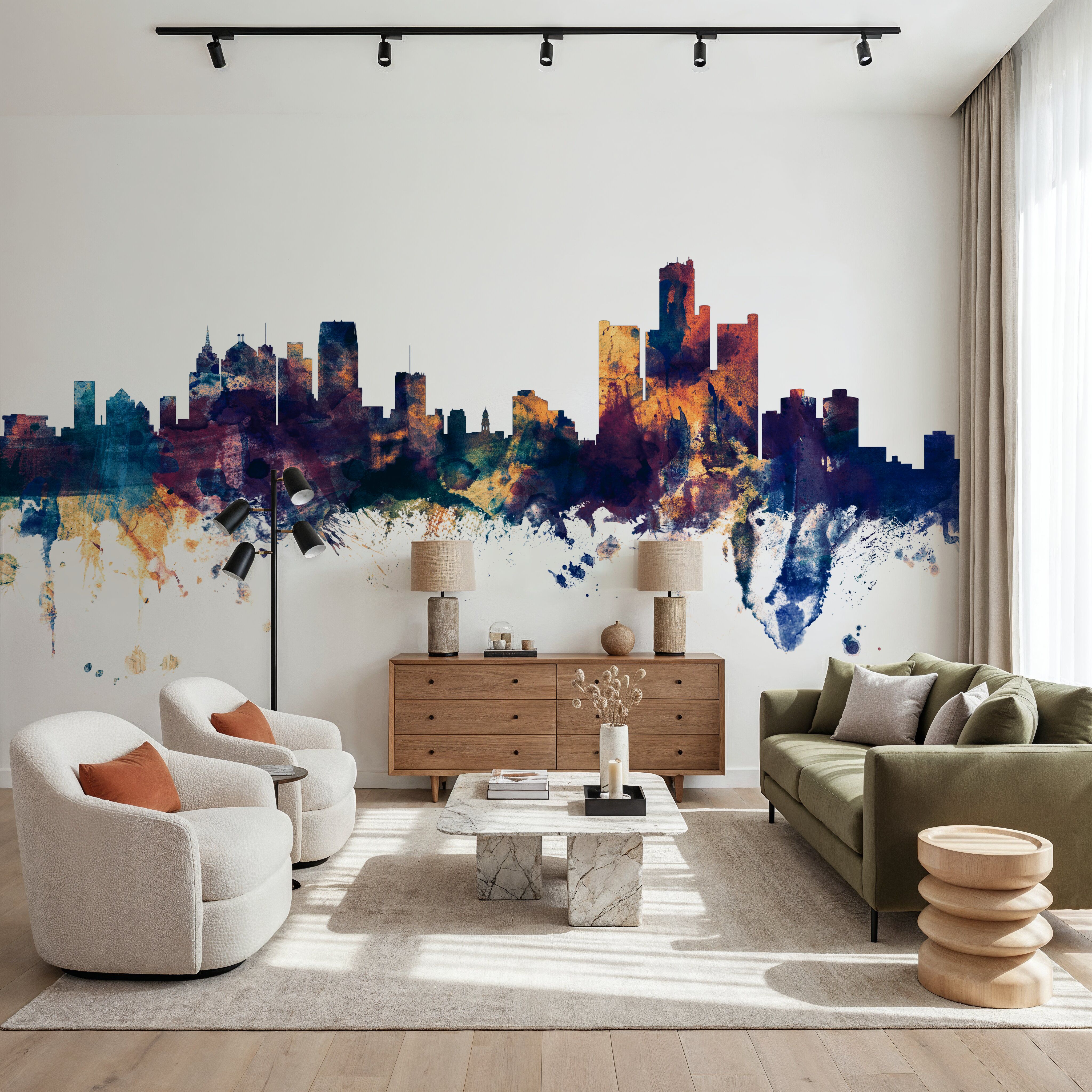 Detroit Michigan Skyline Blue & Bronze