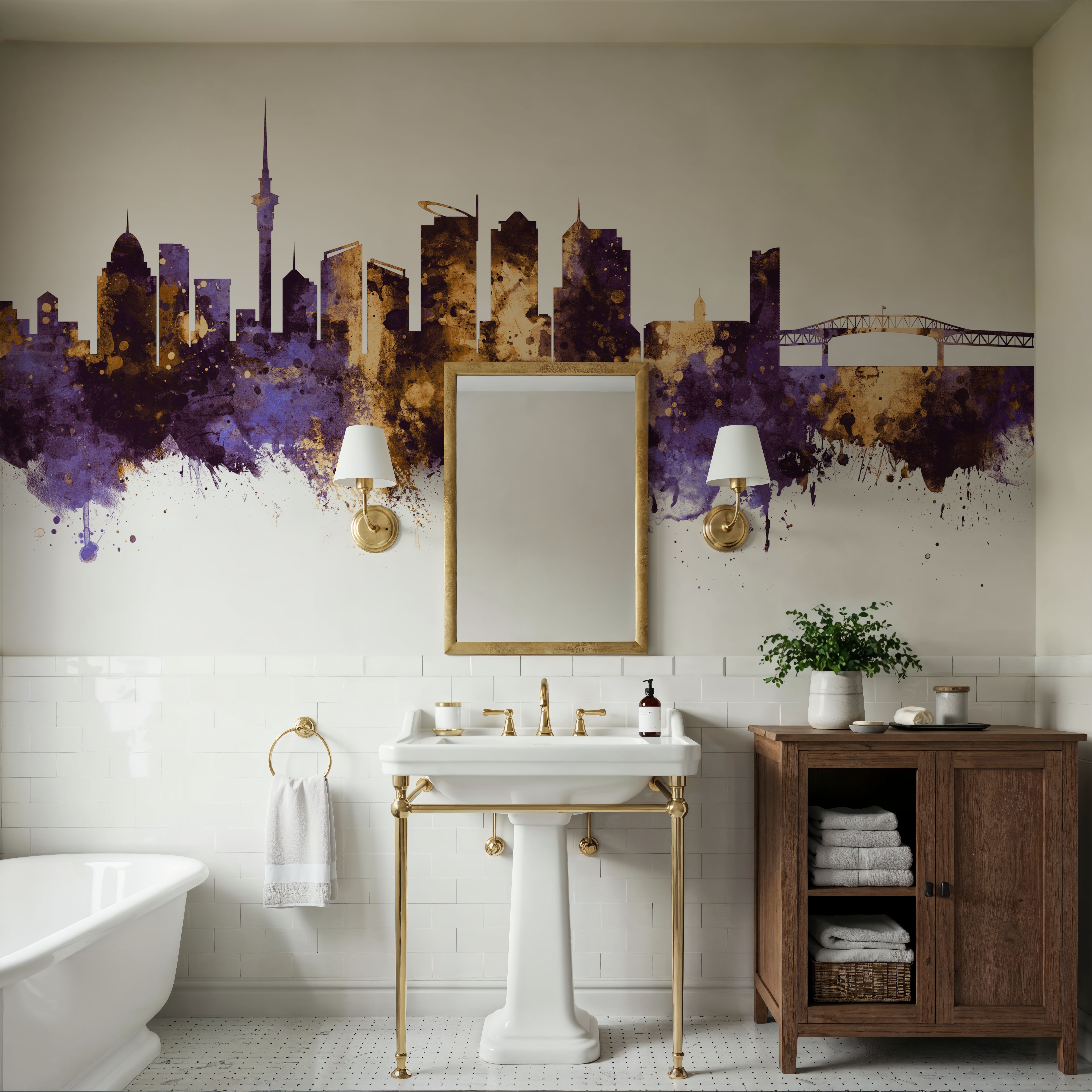 Auckland New Zeeland Skyline Purple & Gold