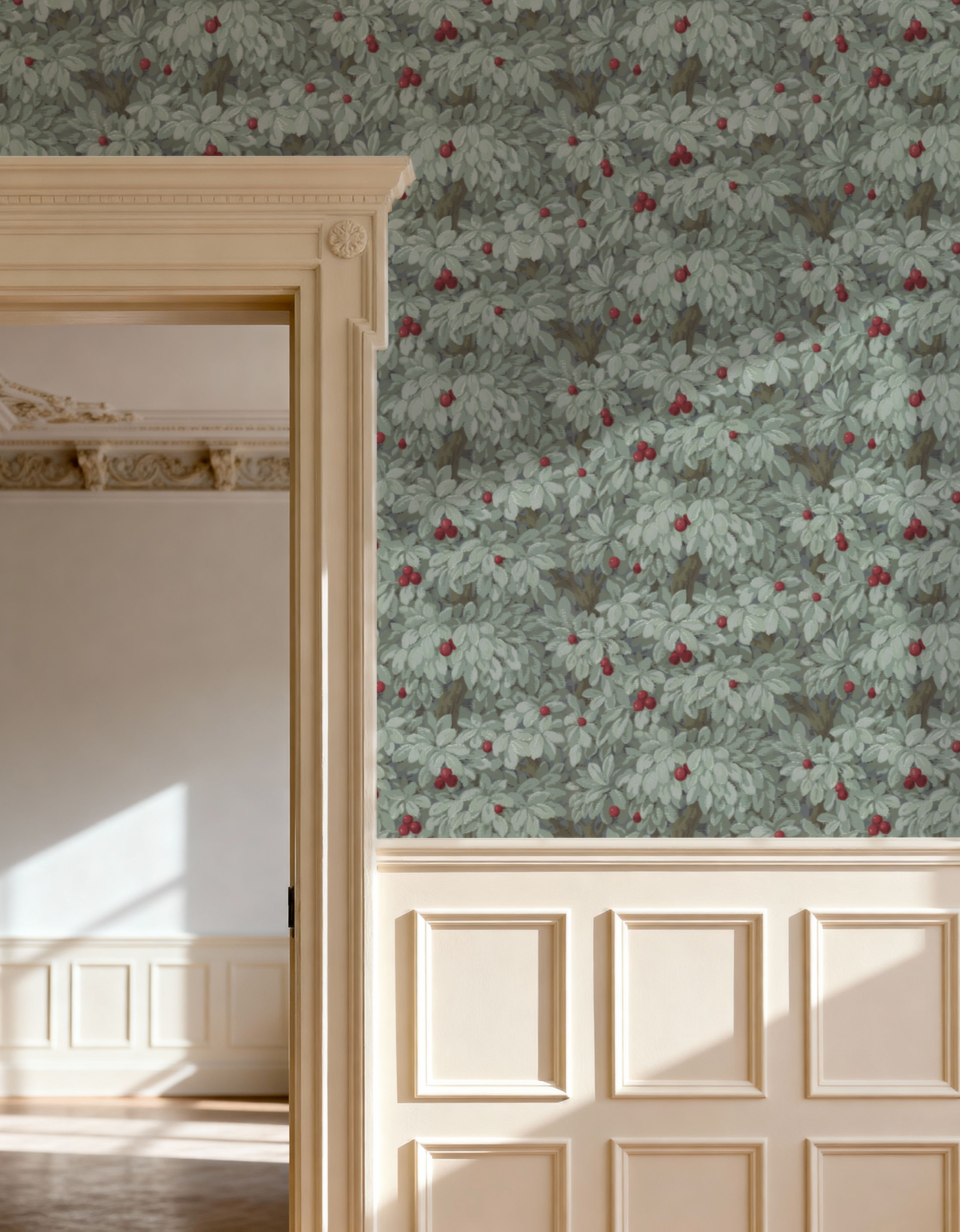 Fruit Tree Bower, Crimson on Green