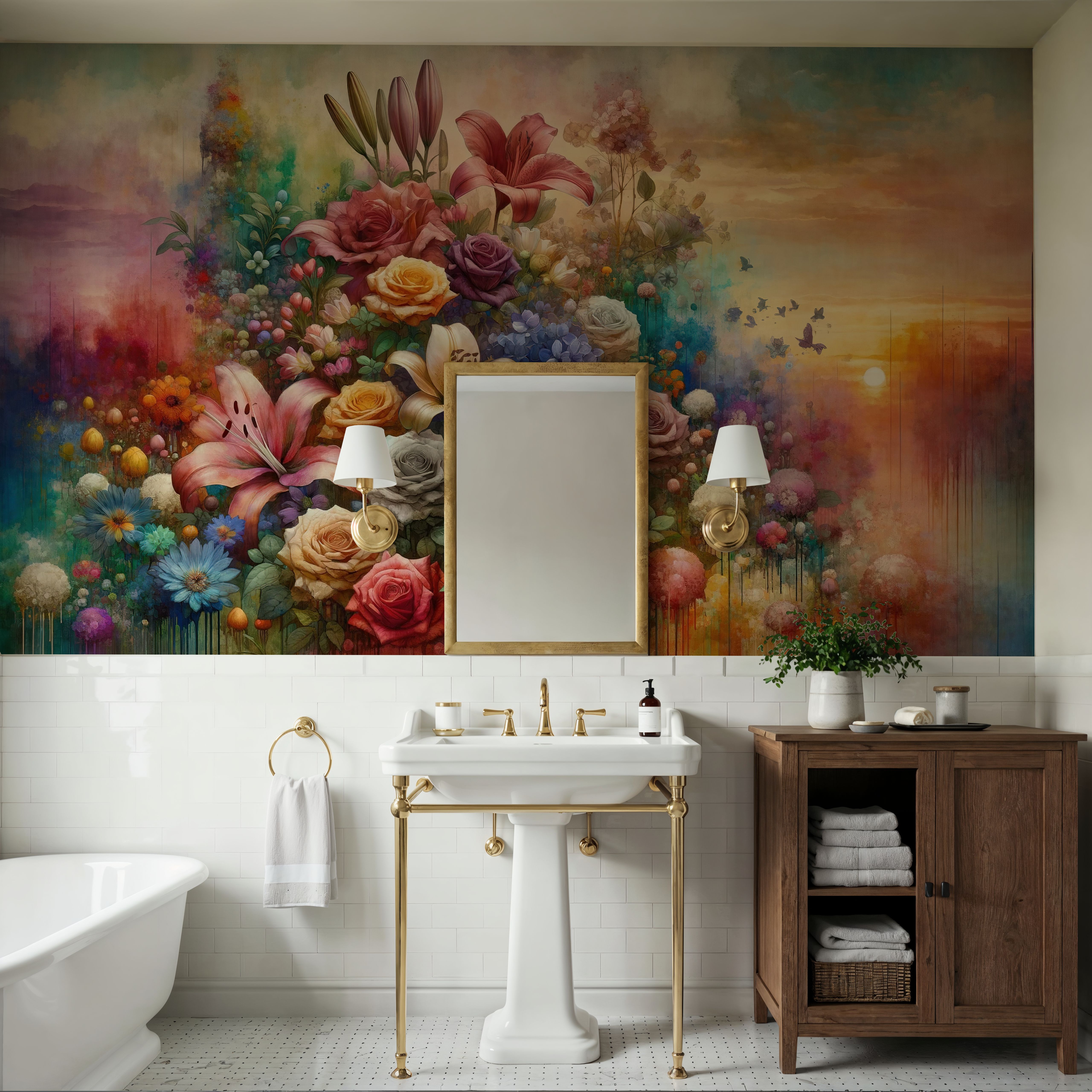 Watercolor Exuberant Garden At Sunse