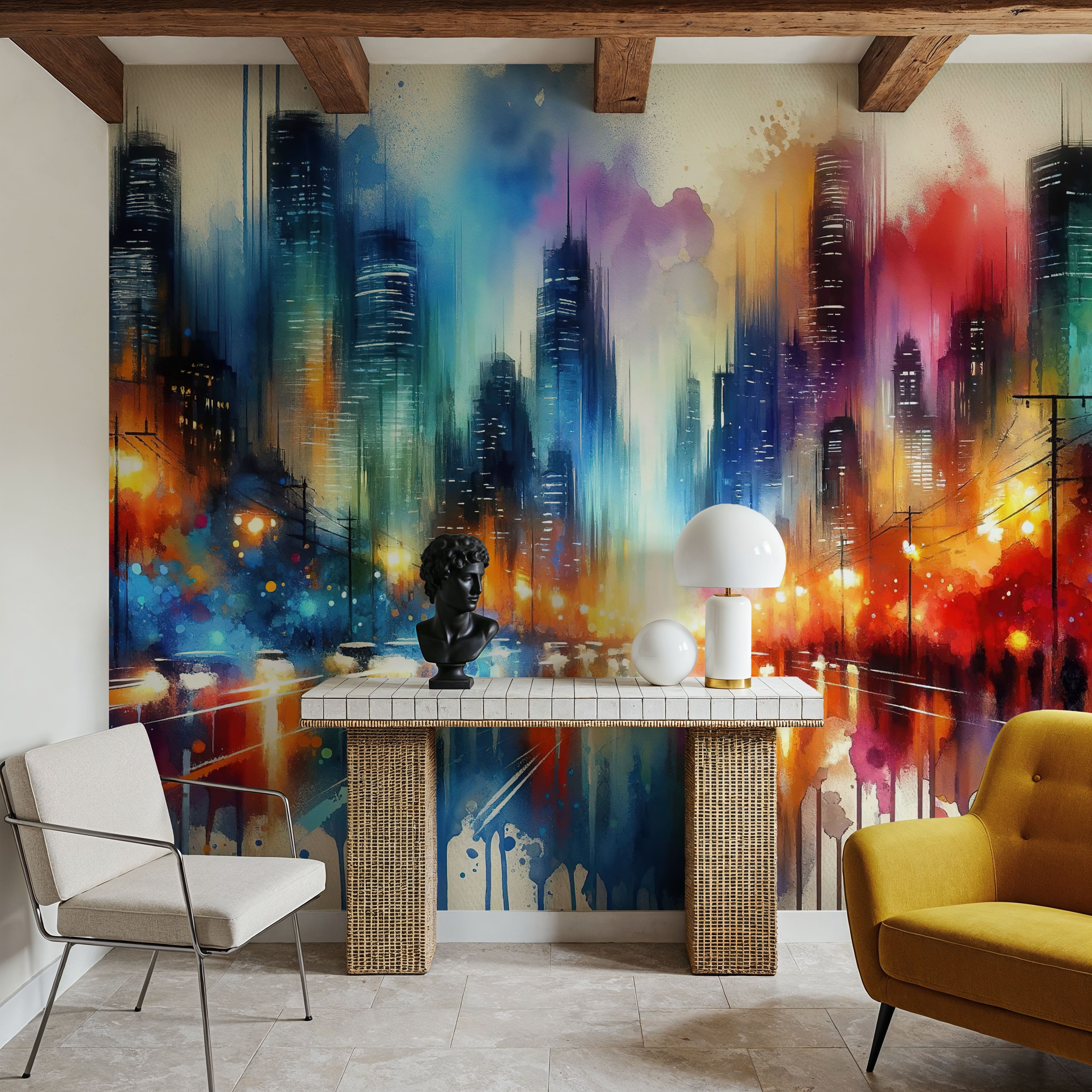 Watercolor Abstract Skyline At Night