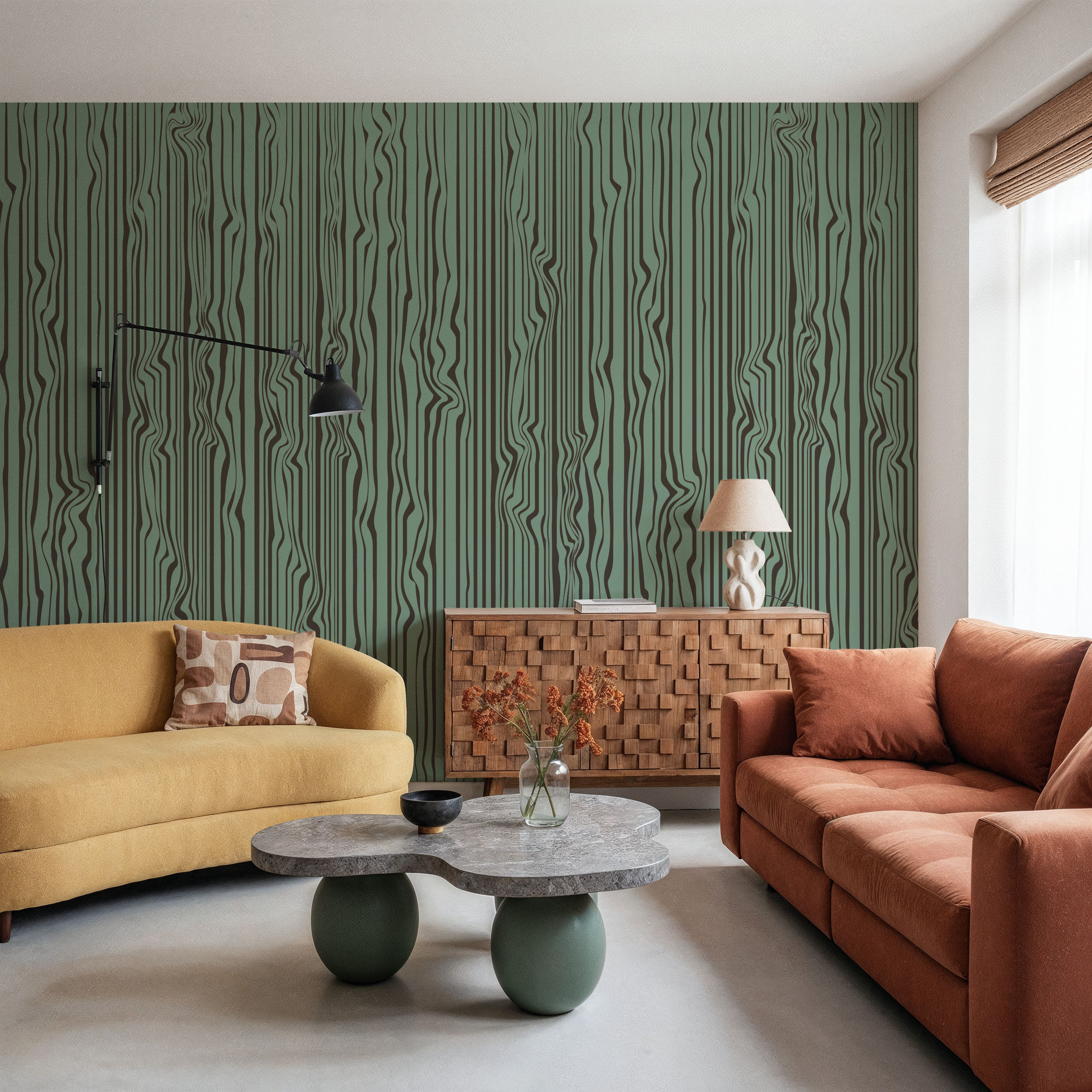 Wall Mural - Veneer Lines, Jade - Wall Panelings Stripes mural wallpaper - Dining Room - Wallism UK - Premium, Textured or Peel & Stick