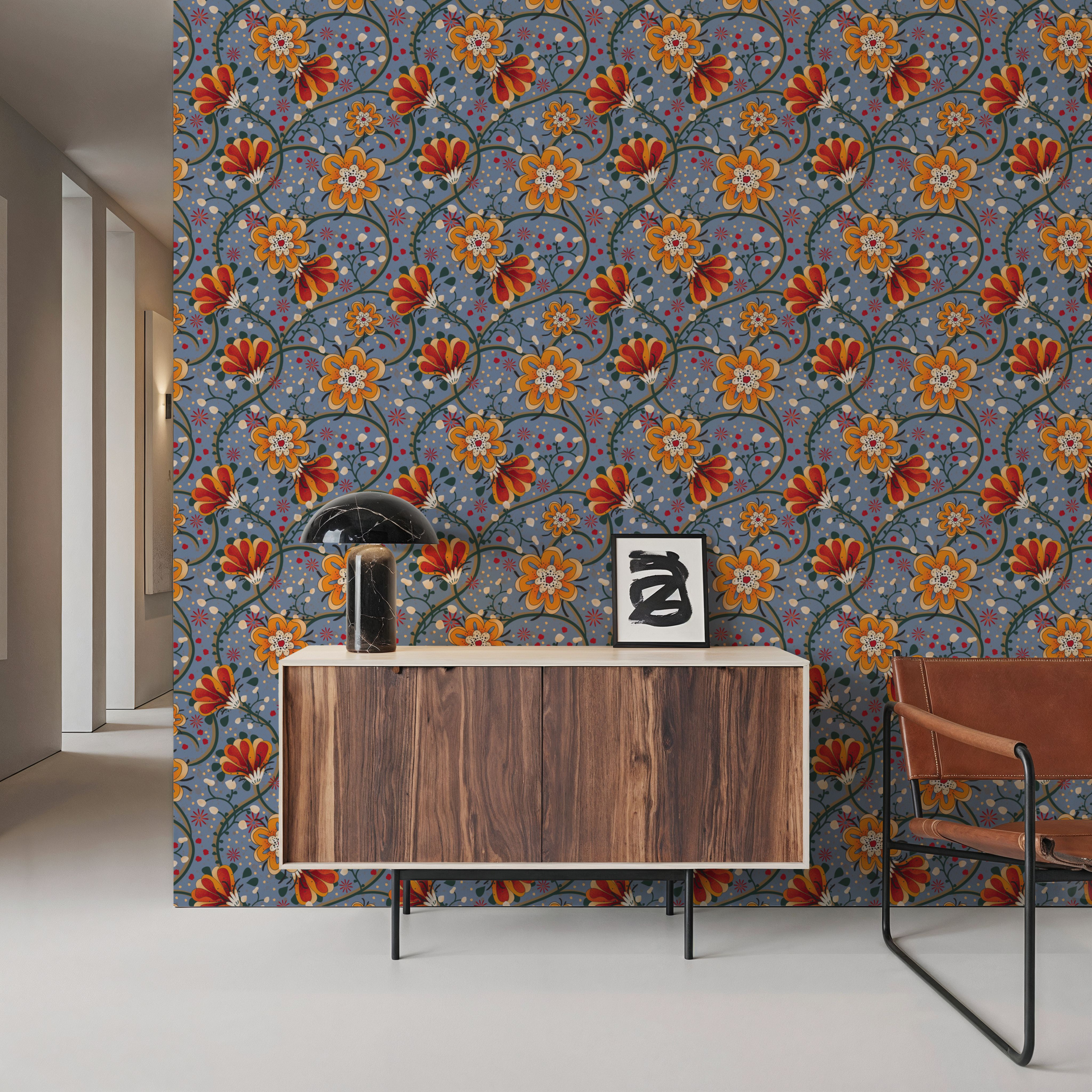 Bohemian Vines, Blue, Wallpaper