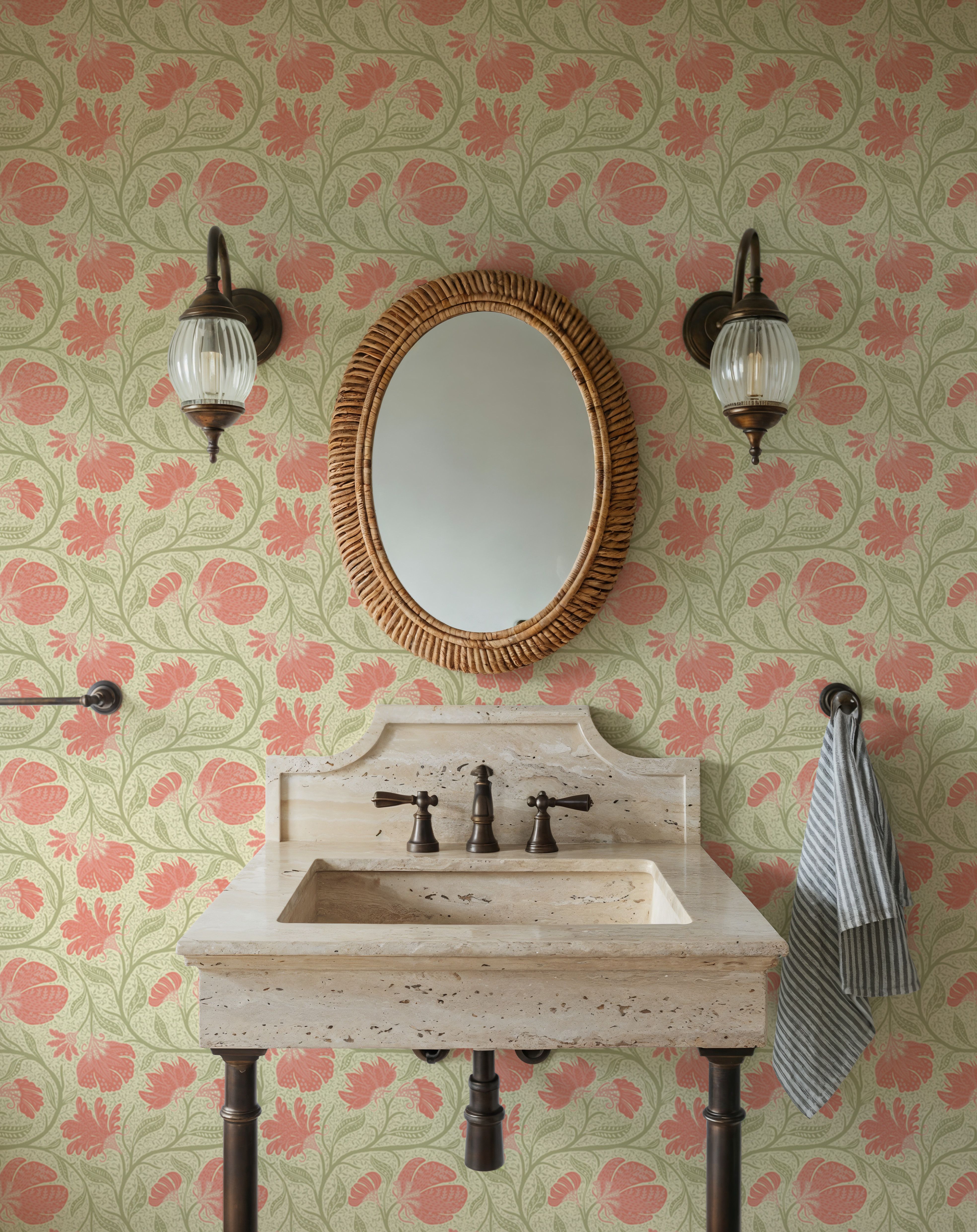 Indial Floral, Peach on Light Green, Papel de parede