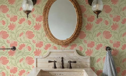 Indial Floral, Peach on Light Green
