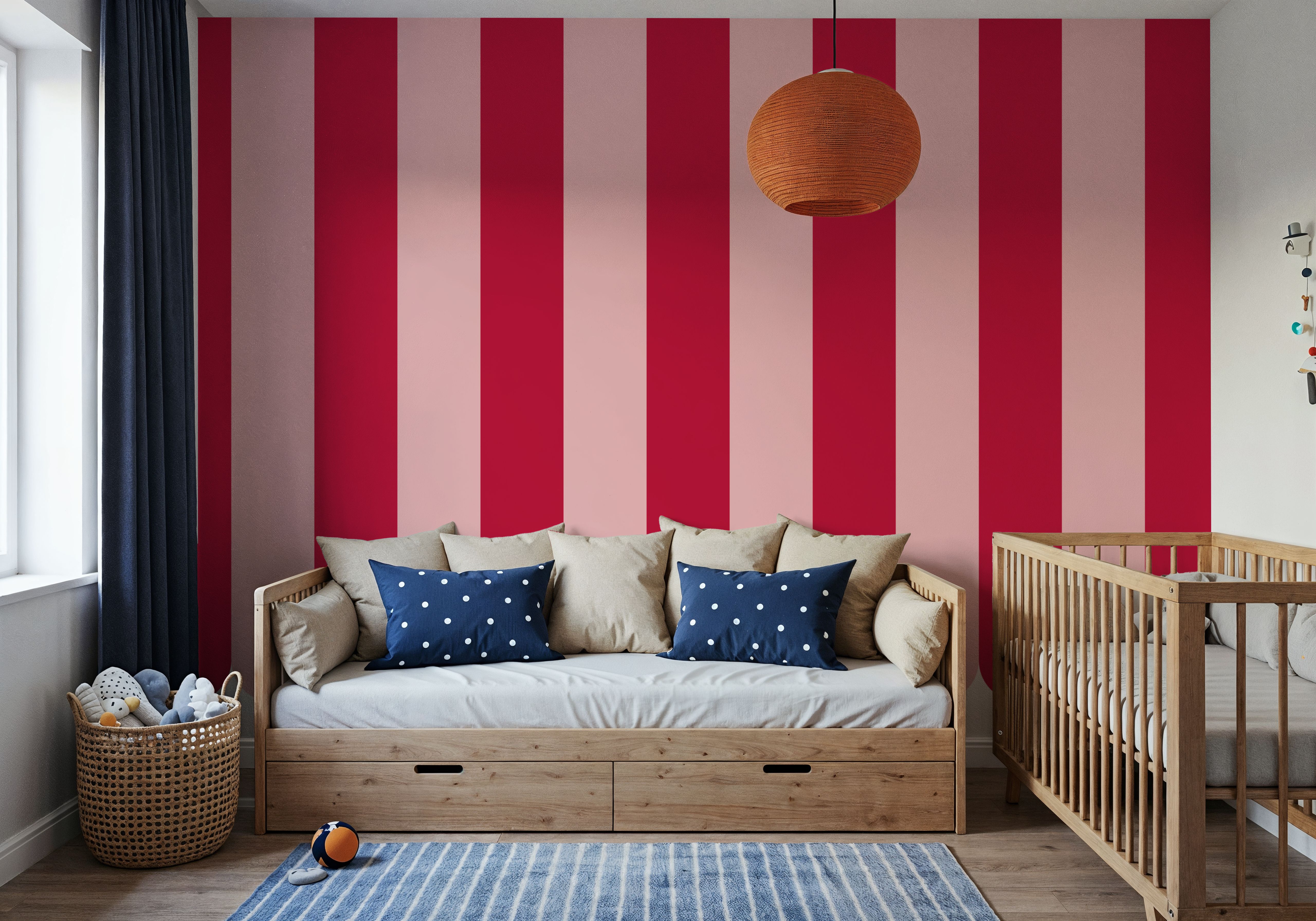 Scalloped Circus Stripes, Red on Pink, Behang