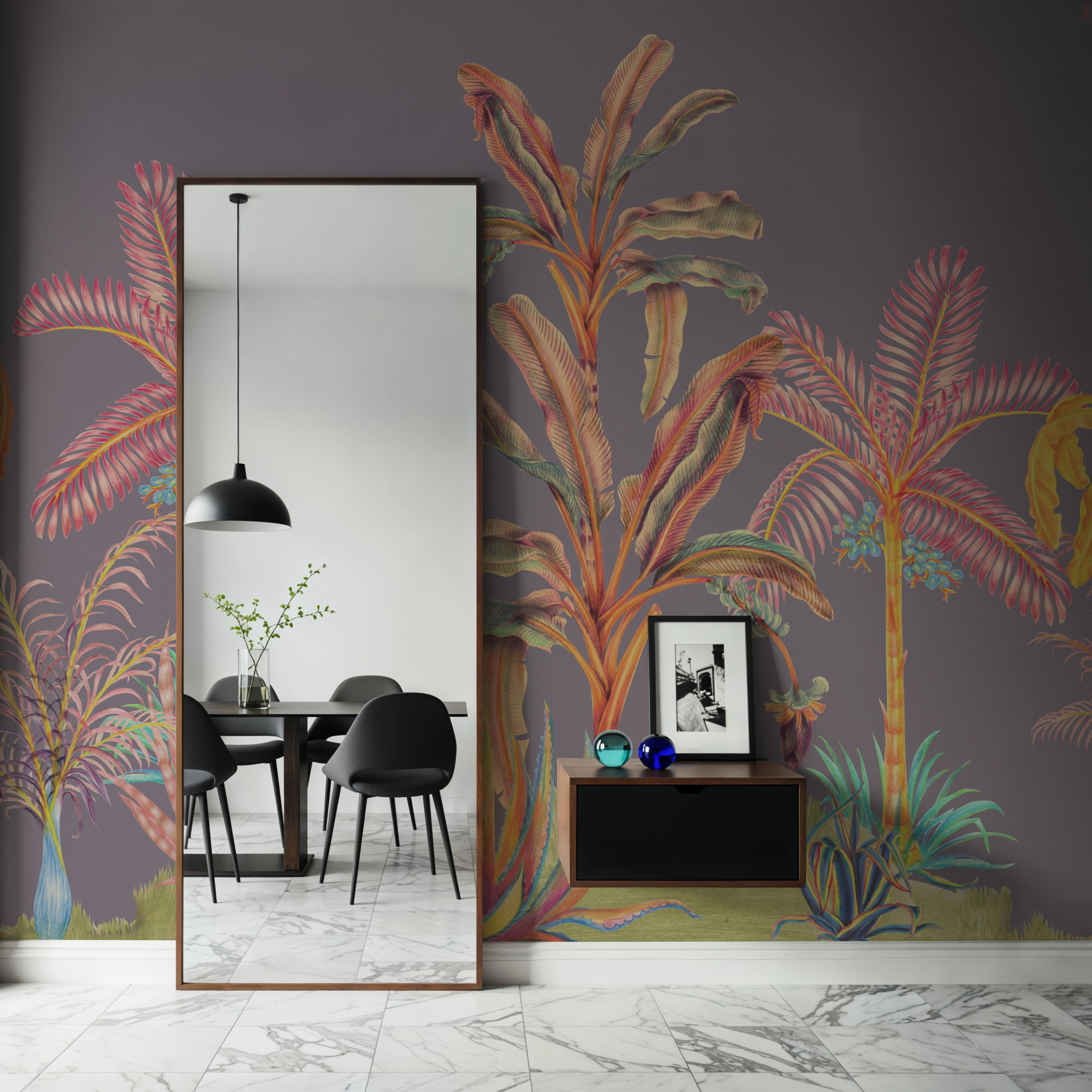 Wall Mural - Colorful Jungle, Purple - Chinoiserie mural wallpaper - Living room - Wallism US - Premium, Textured or Peel & Stick