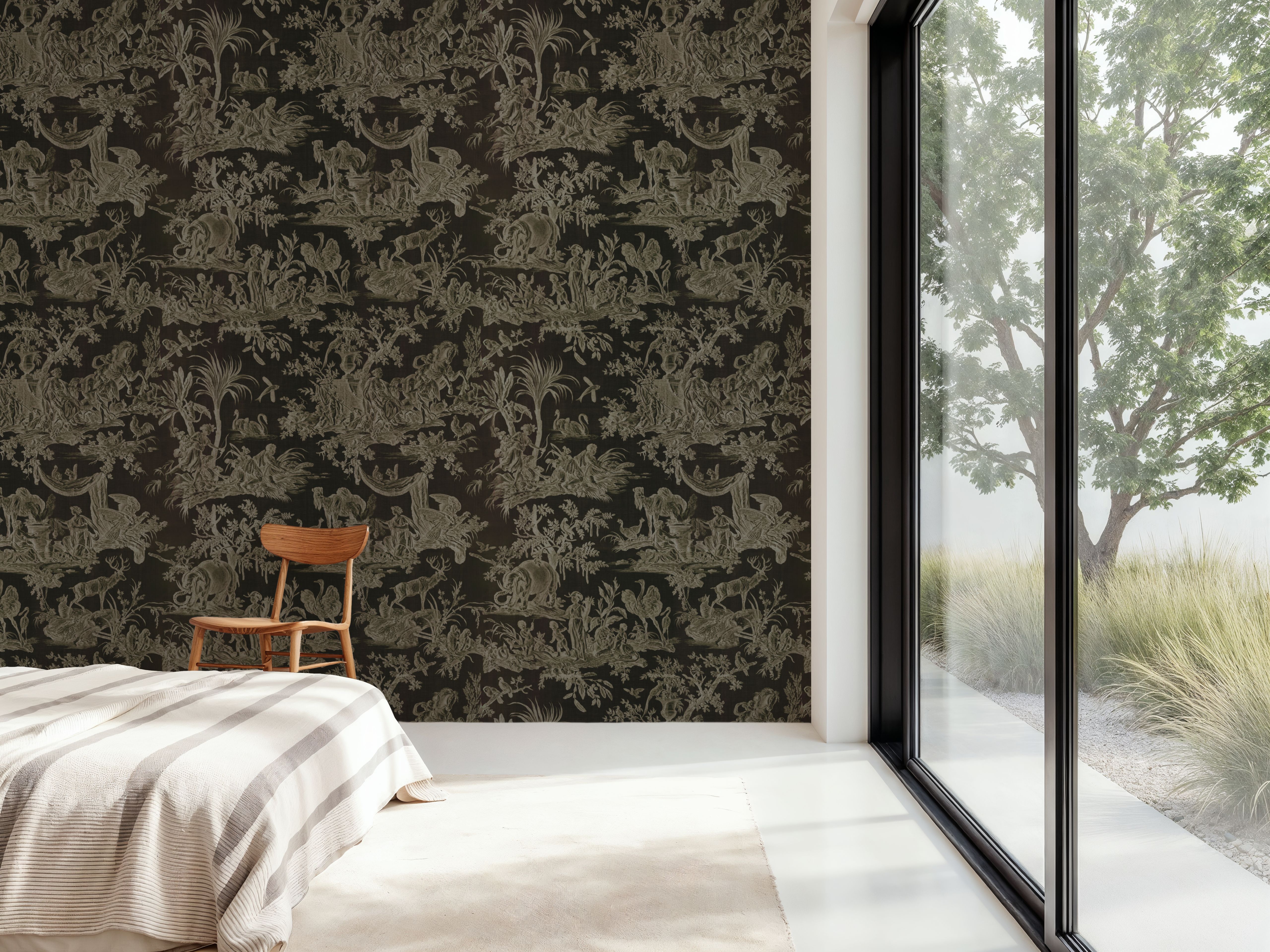 Papier Peint - Patinated Linen Toile de Jouy, Ink - Toile de Jouy Sauvage - Marron - Chambre - Wallism Belgique - Encollage au mur ou Autocollant