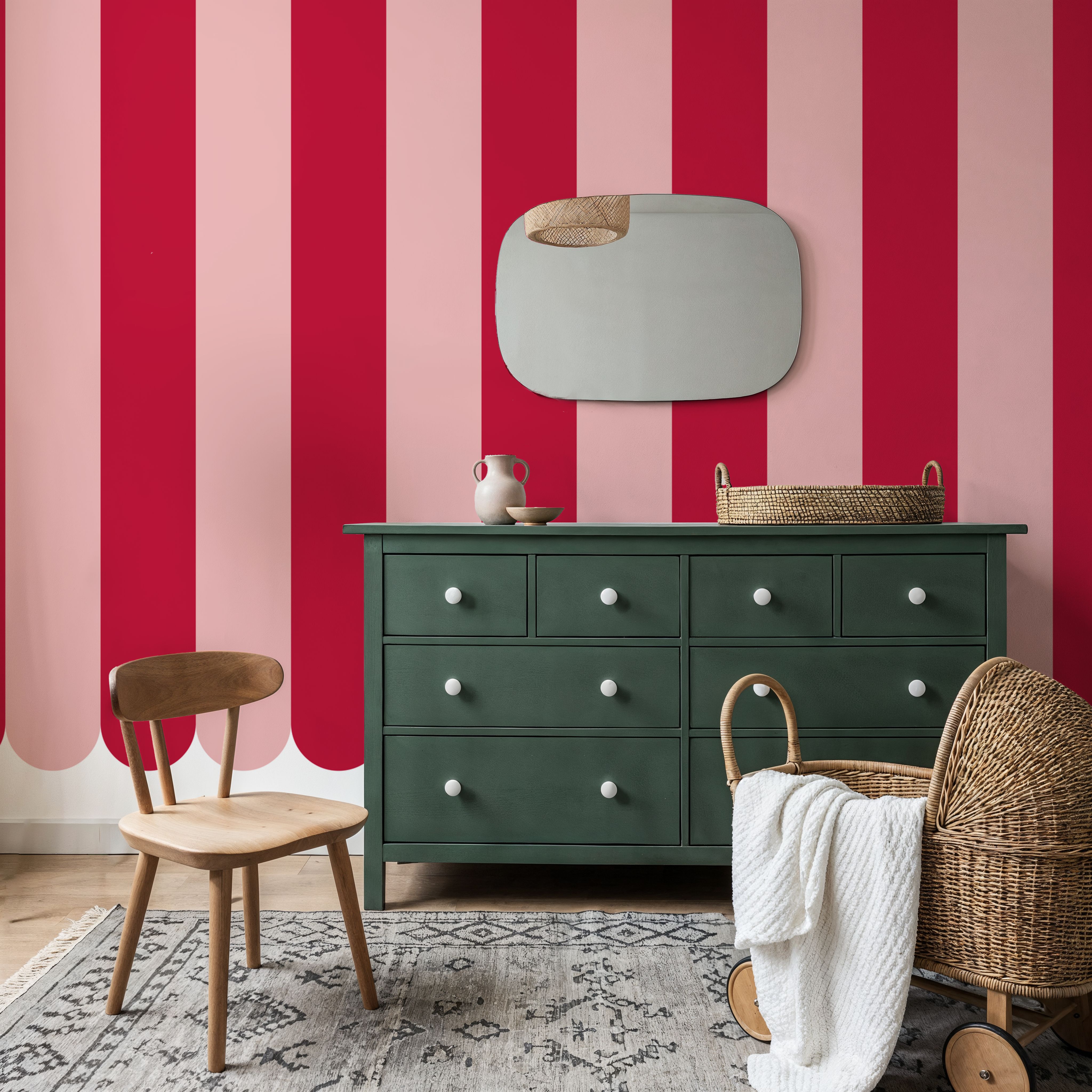 Scalloped Circus Stripes, Red on Pink