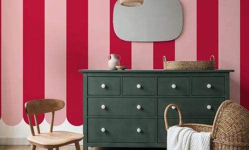 Scalloped Circus Stripes, Red on Pink