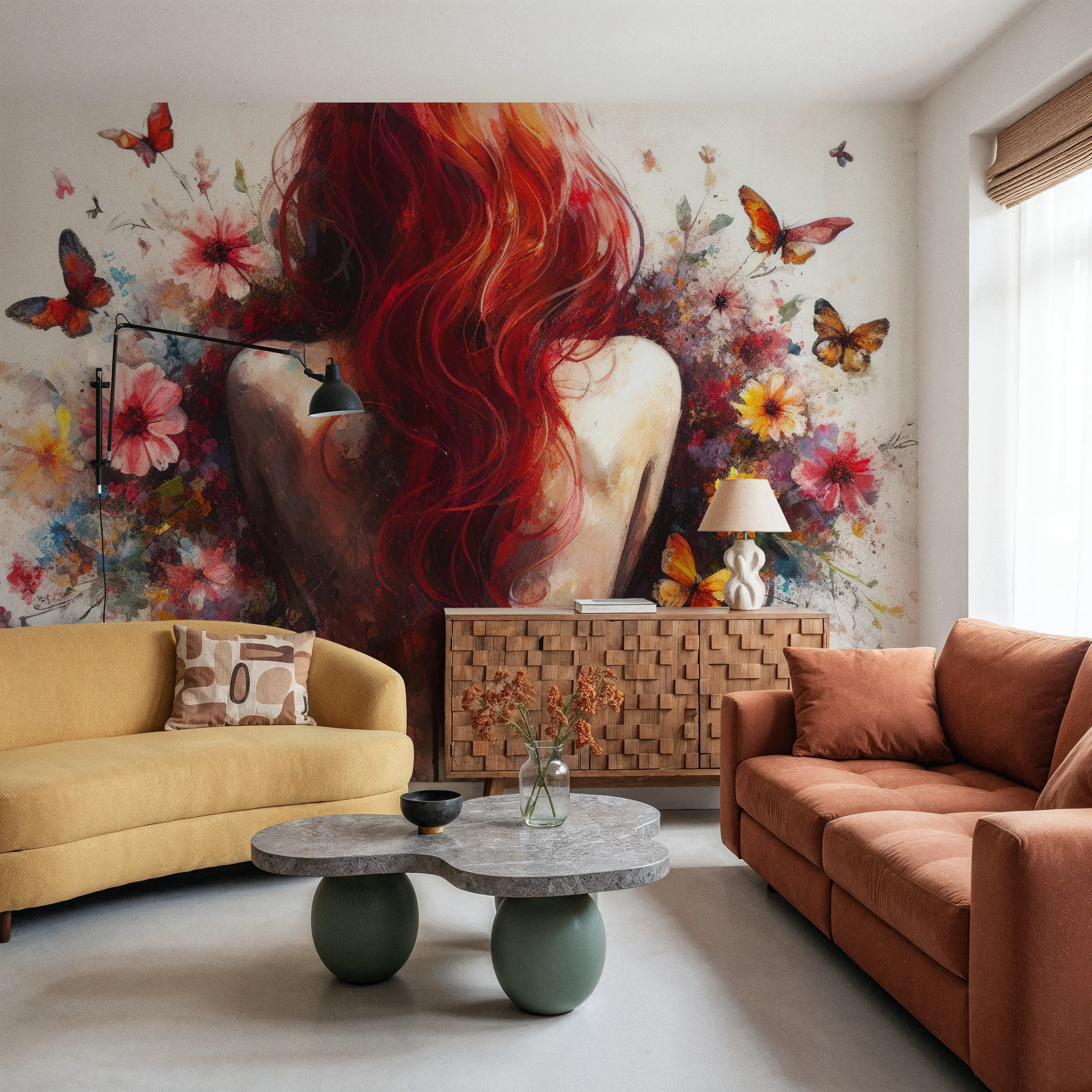 Fotobehang - Watercolor Butterflies Red - Hedendaagse Kunst Natuur Mural - Rood - Kantoorruimtes - Wallism België - Zelfklevend of Vliesbehang