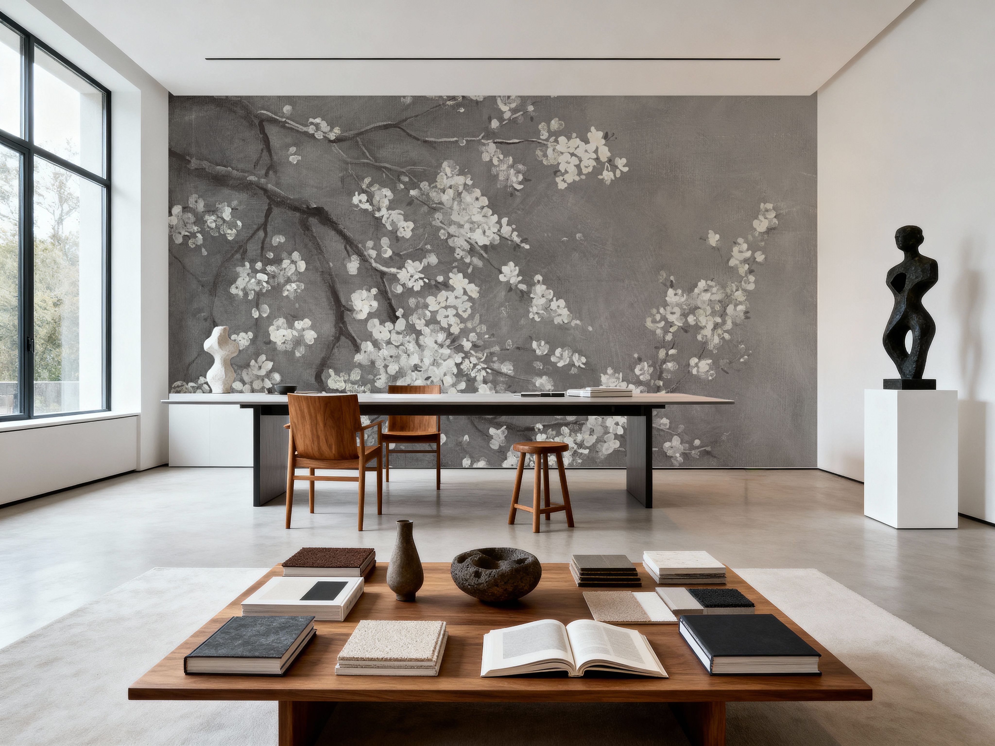 White Cherry Blossoms I on Grey