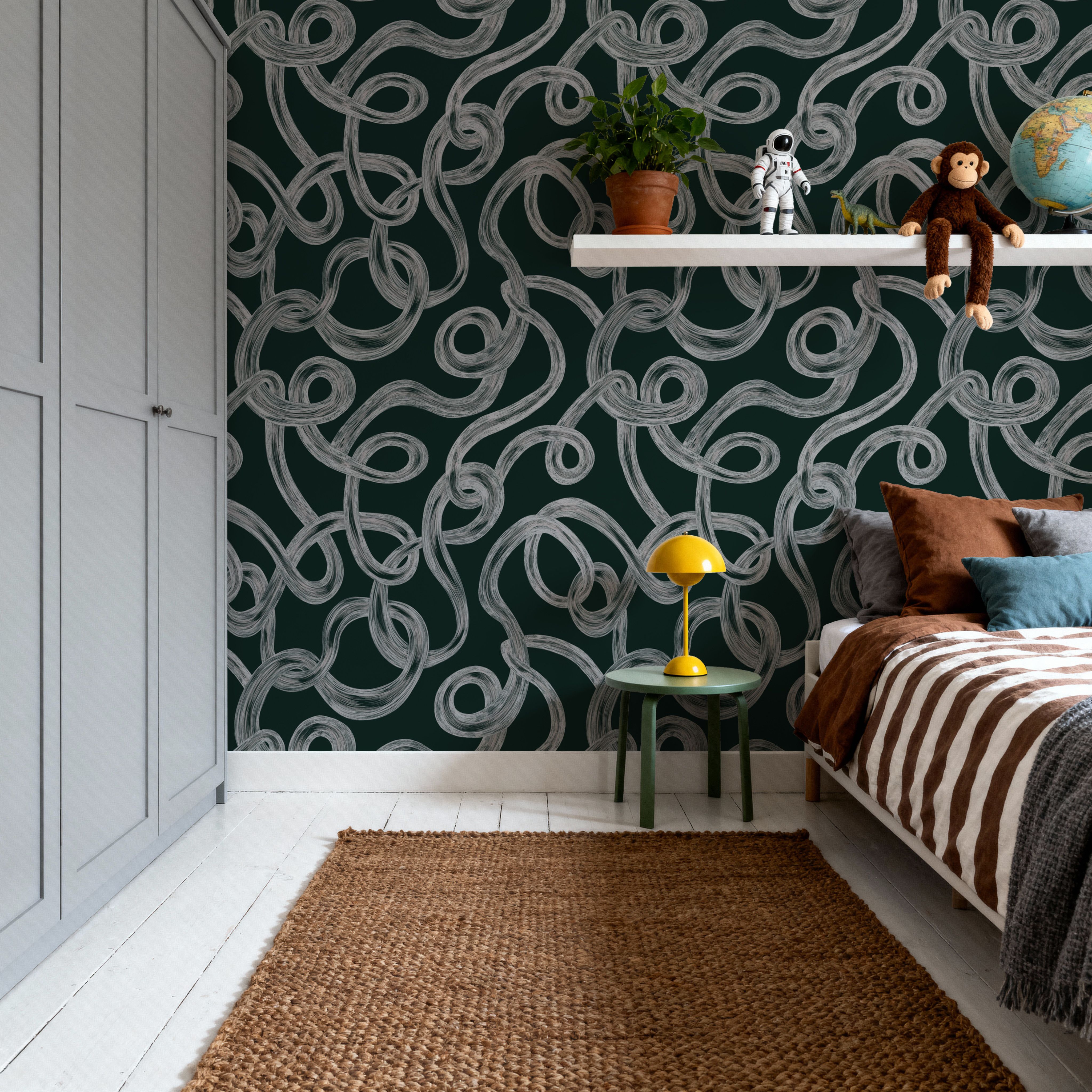 Swirl, White on Dark Foliage, Wallpaper