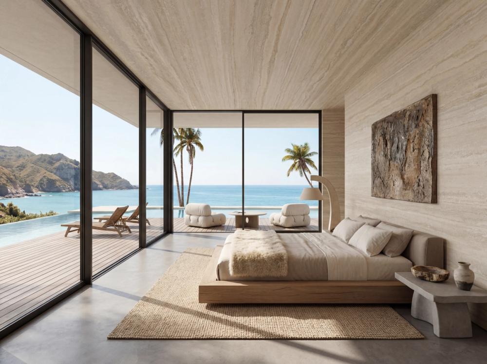 an interior image os a reception at a tropical resort with a marble look wallpaper on walls and ceiling in beige