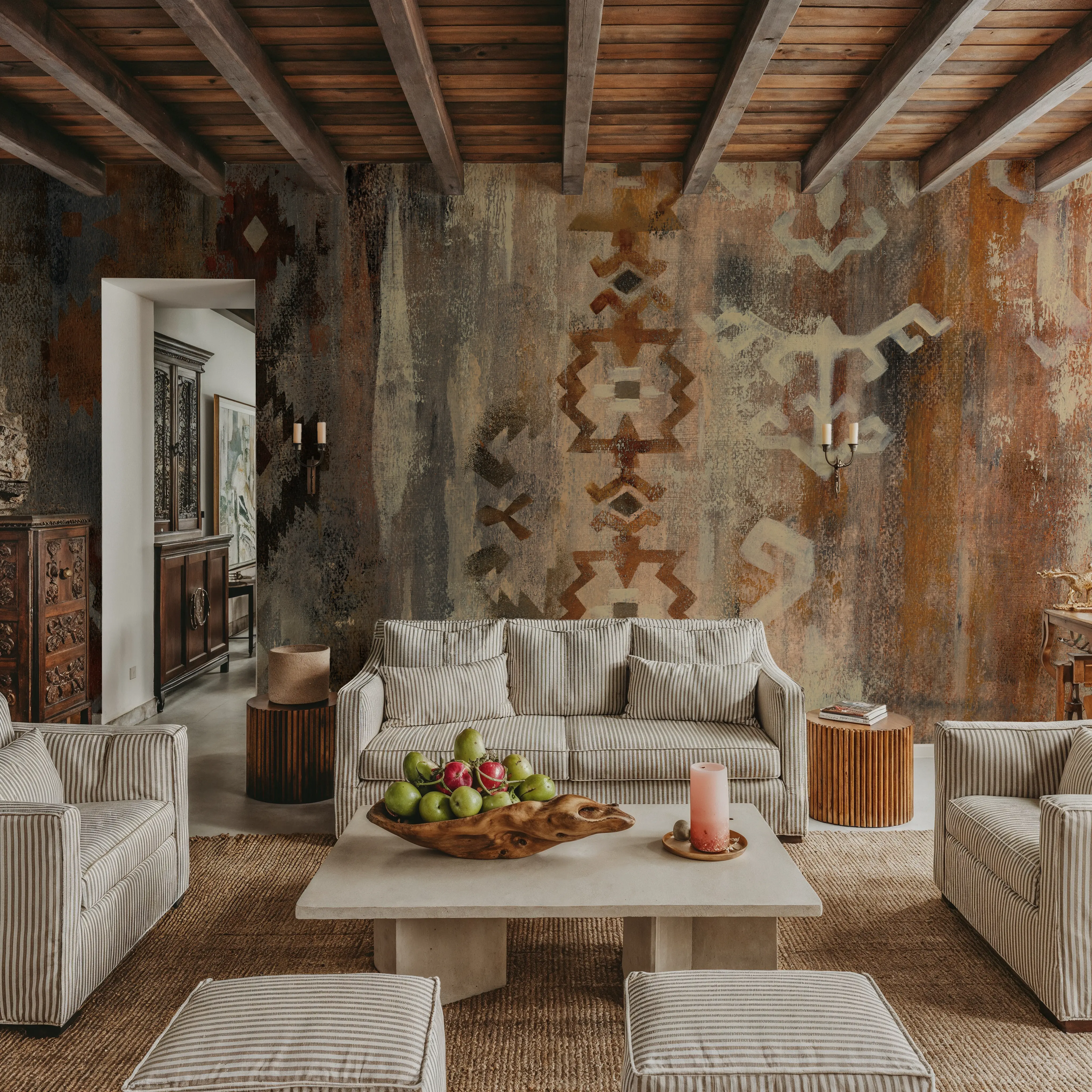 Wall Mural - Southwest Design II - Abstract Ikat mural wallpaper - Brown - Hallway staircases - Wallism UK - Peel & Stick or Paste-the-Wall