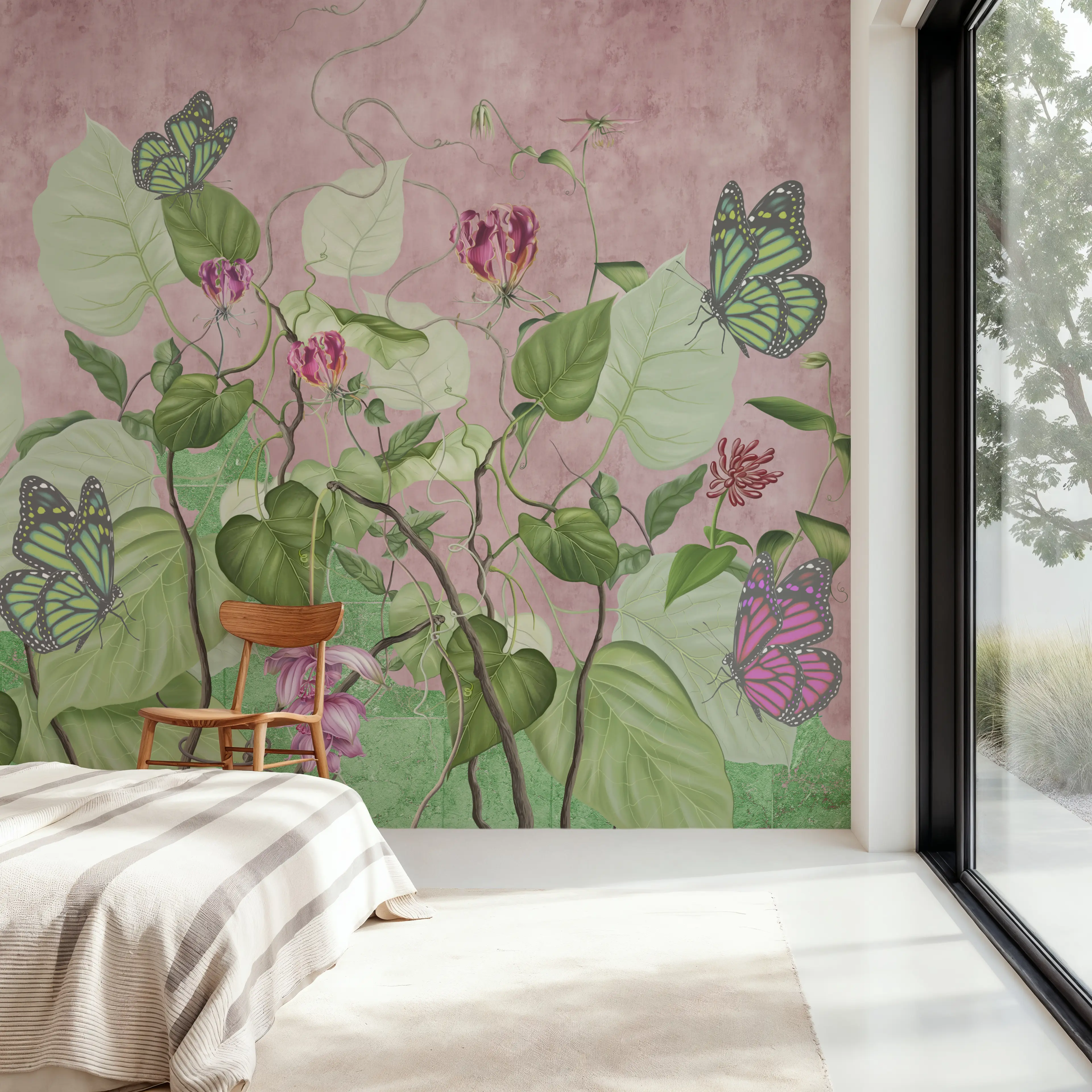 Papier Peint Panoramique - The Butterfly Effect - Floral Nature - Rose - Chambre - Wallism Belgique - Encollage au mur ou Autocollant