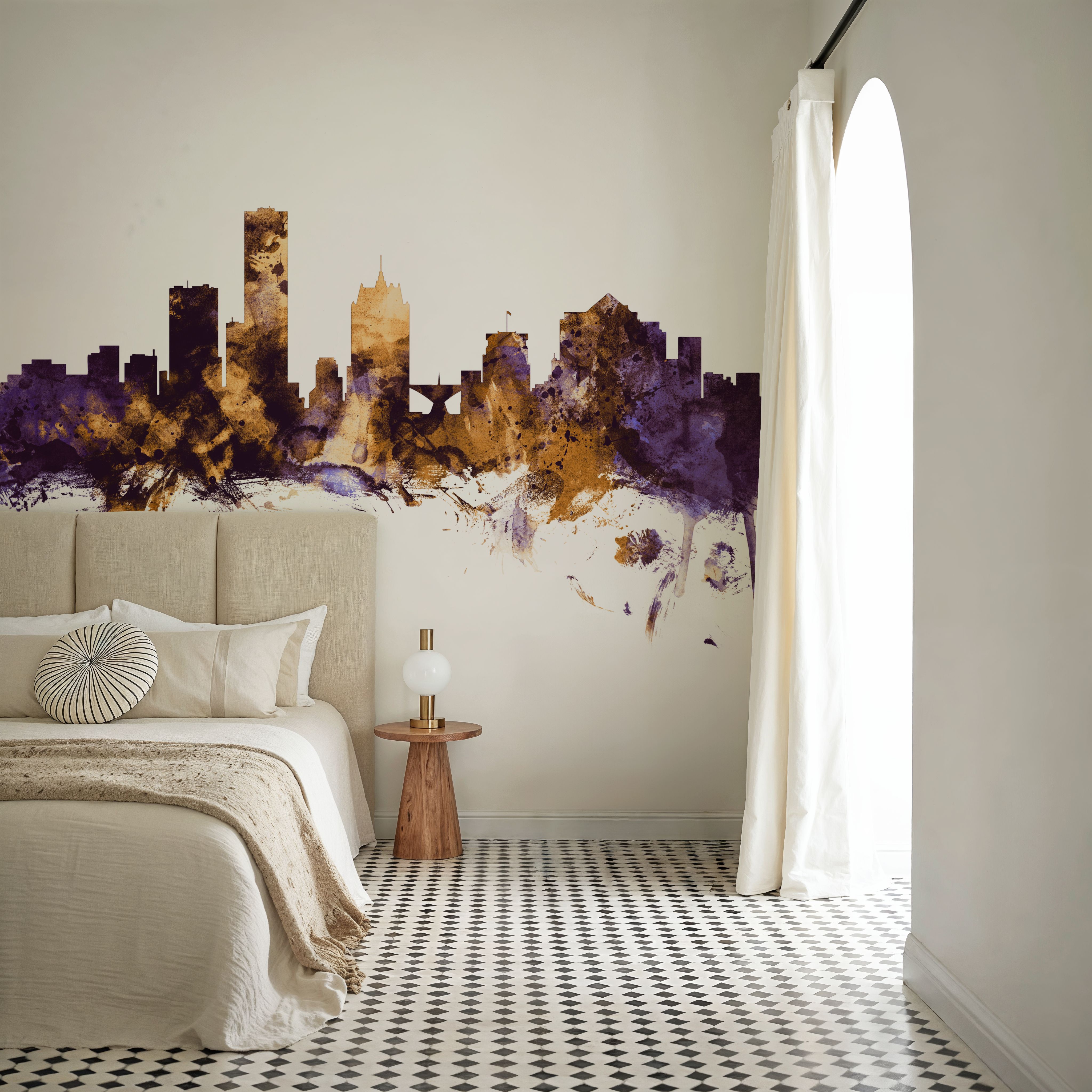 Wall Mural - Milwaukee Wisconsin Skyline Purple & Gold - Abstract mural wallpaper - Purple - Bedroom - Wallism UK - Premium, Textured or Peel & Stick