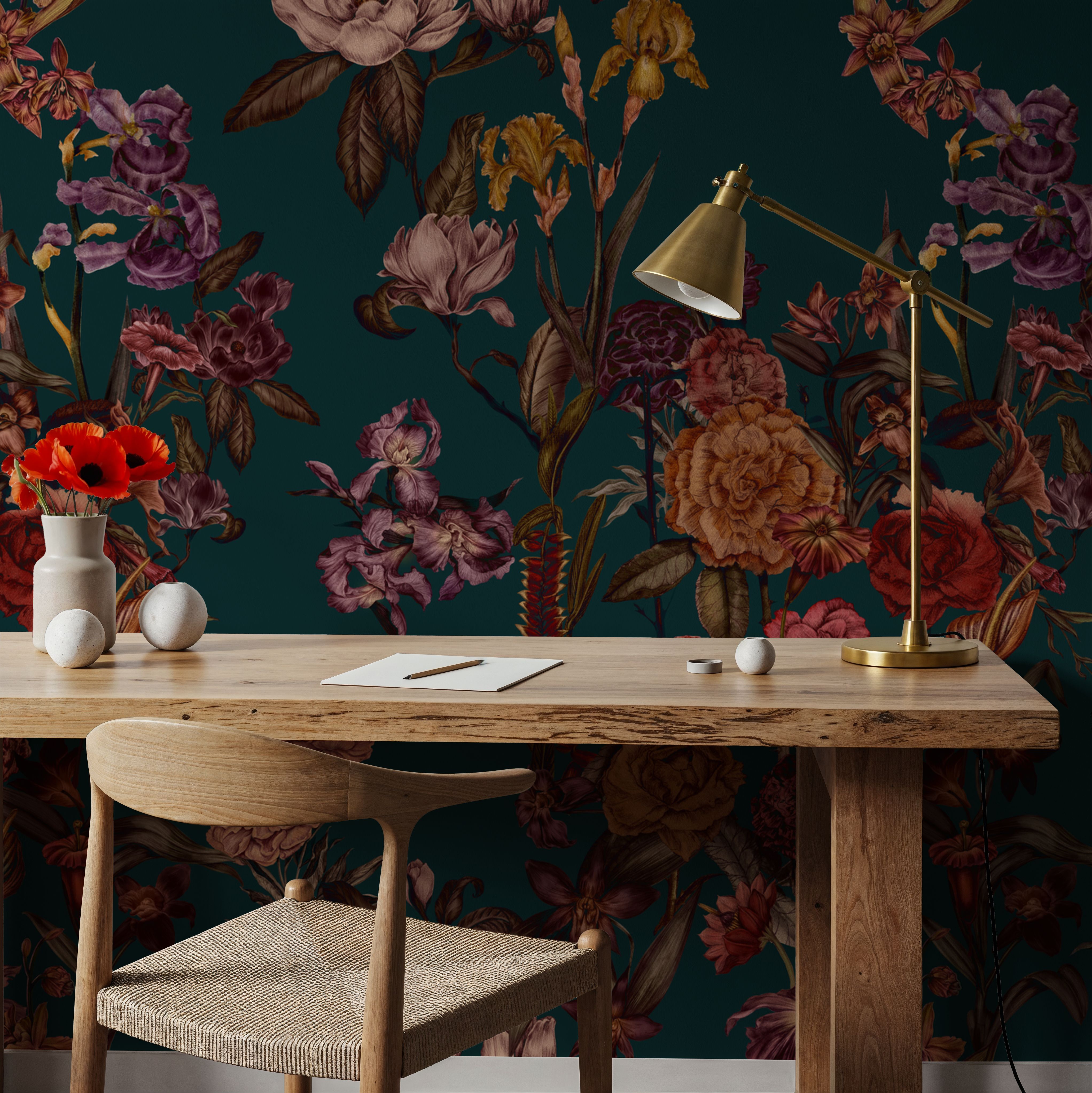 Floral Gaze, Dark Teal, Wallpaper
