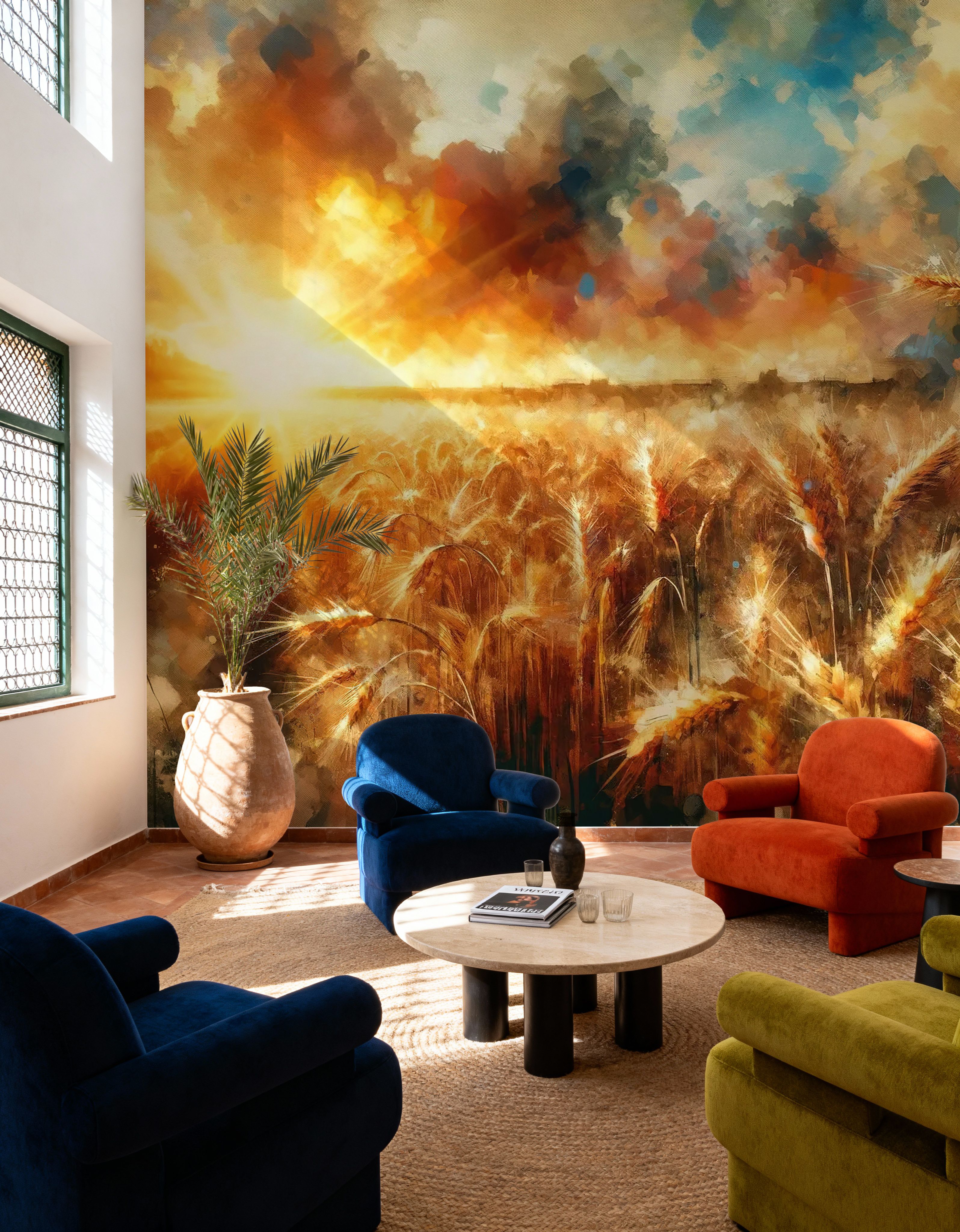 Wheat Field at Sunset with Warm Hues