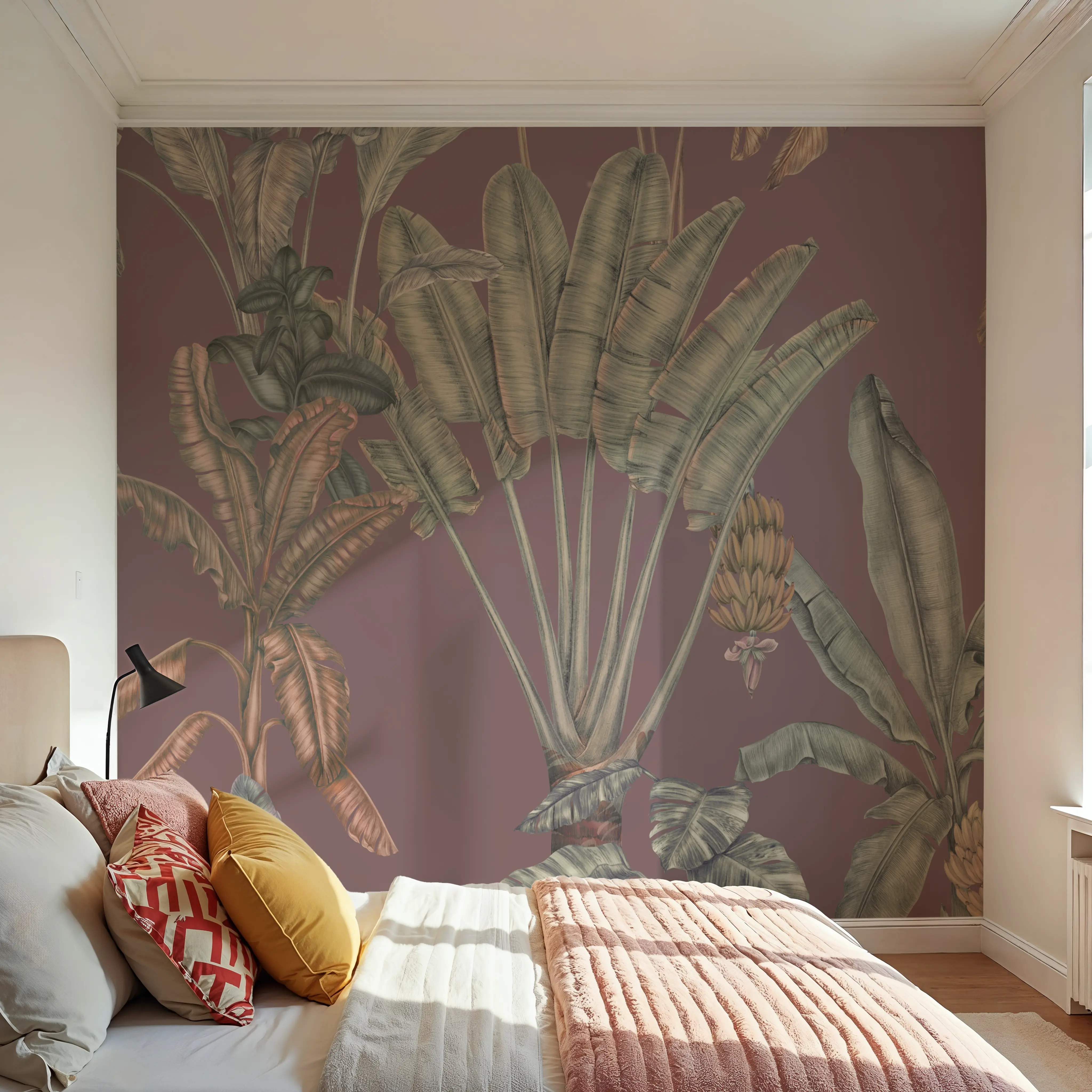 Papier Peint - Banana Grove, Dusty Pink - Floral Fruits - Violet - Chambre - Wallism Belgique - Encollage au mur ou Autocollant