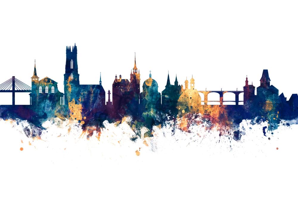 Fribourg Switzerland Skyline Blue & Bronze