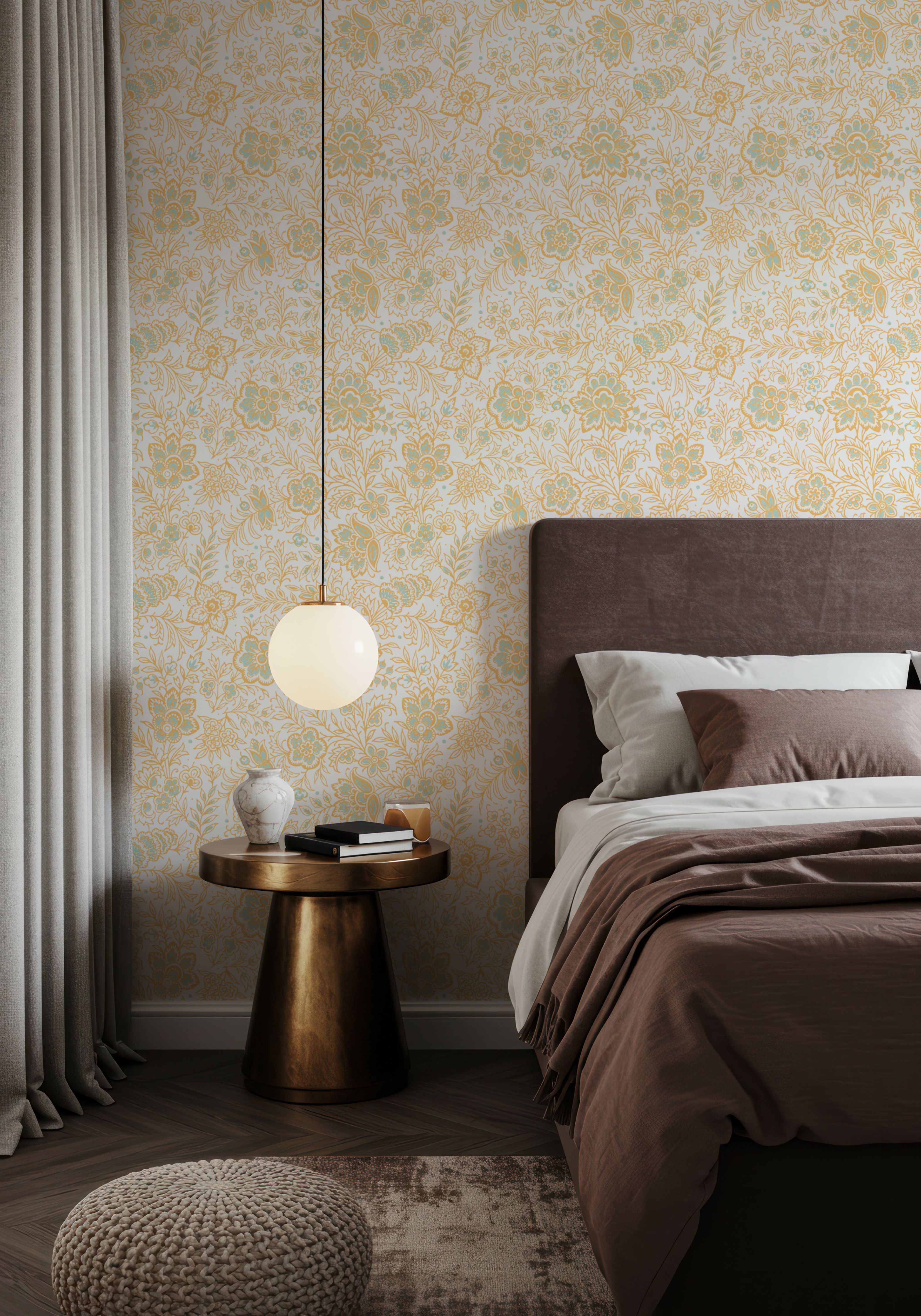 Kala Flowers Yellow on White, Wallpaper