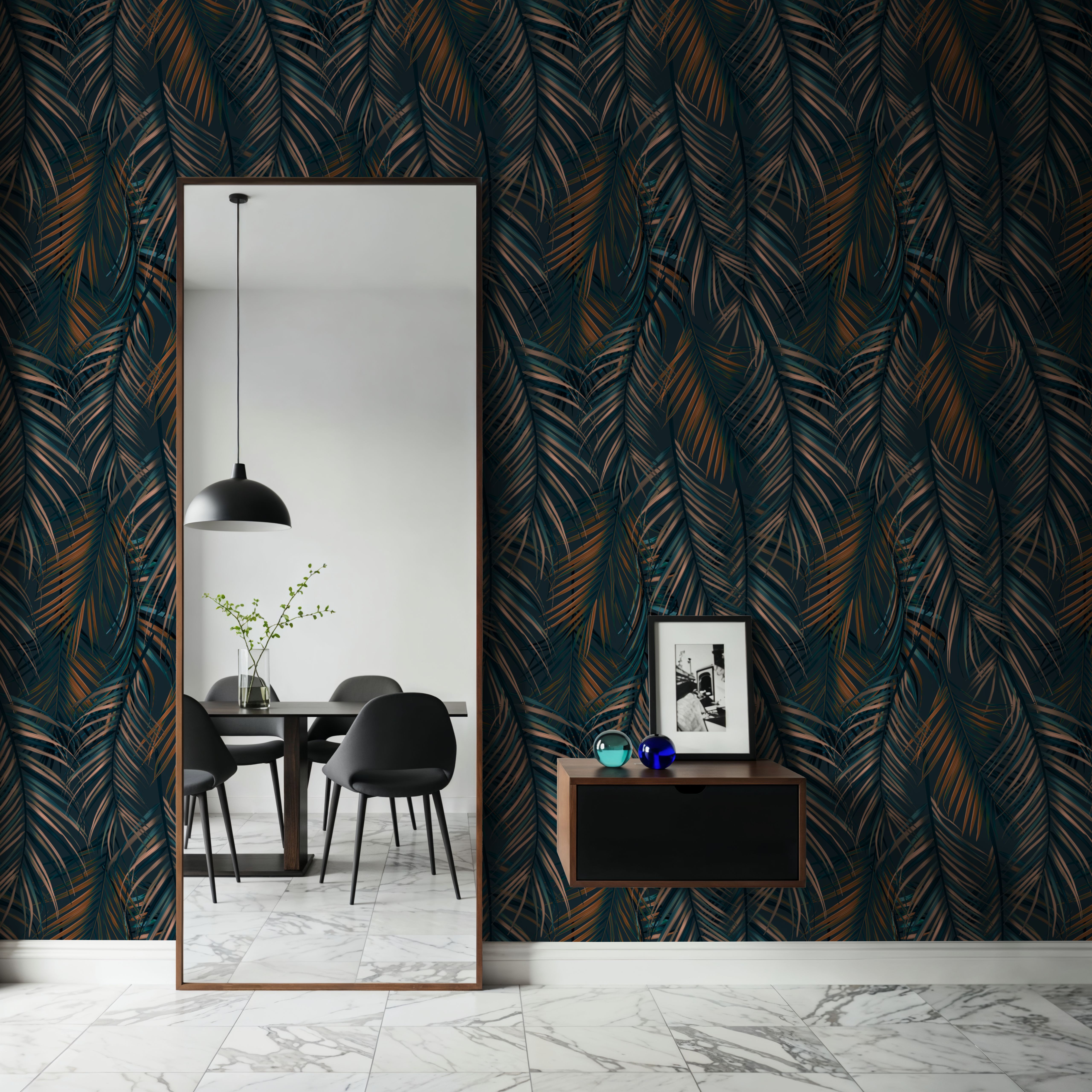 Wall Mural - Swaying Palm Leaves, Teal - Dining Room - Wallism US - Premium, Textured or Peel & Stick