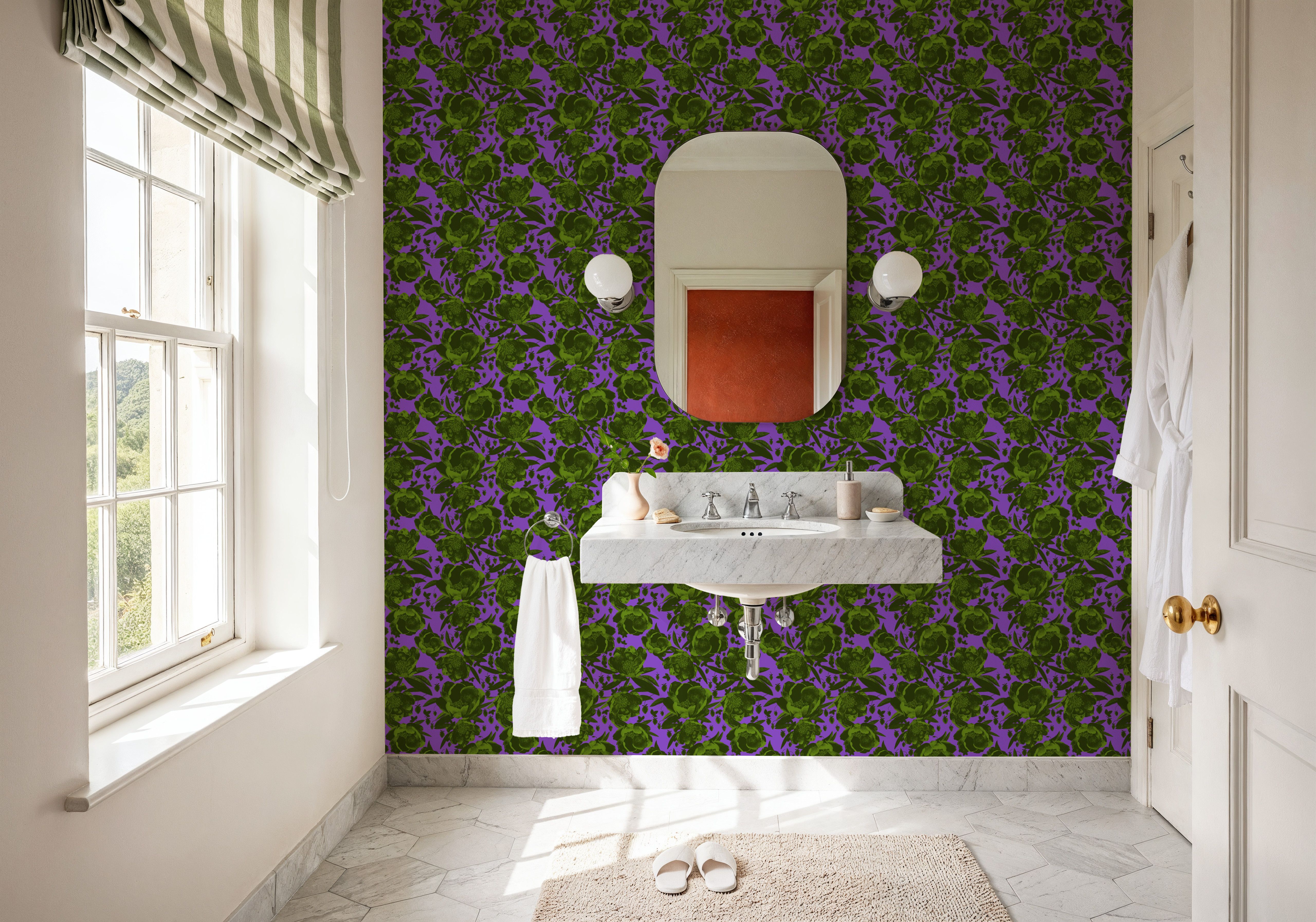 Pop Peonies, Green & Purple, Papel pintado