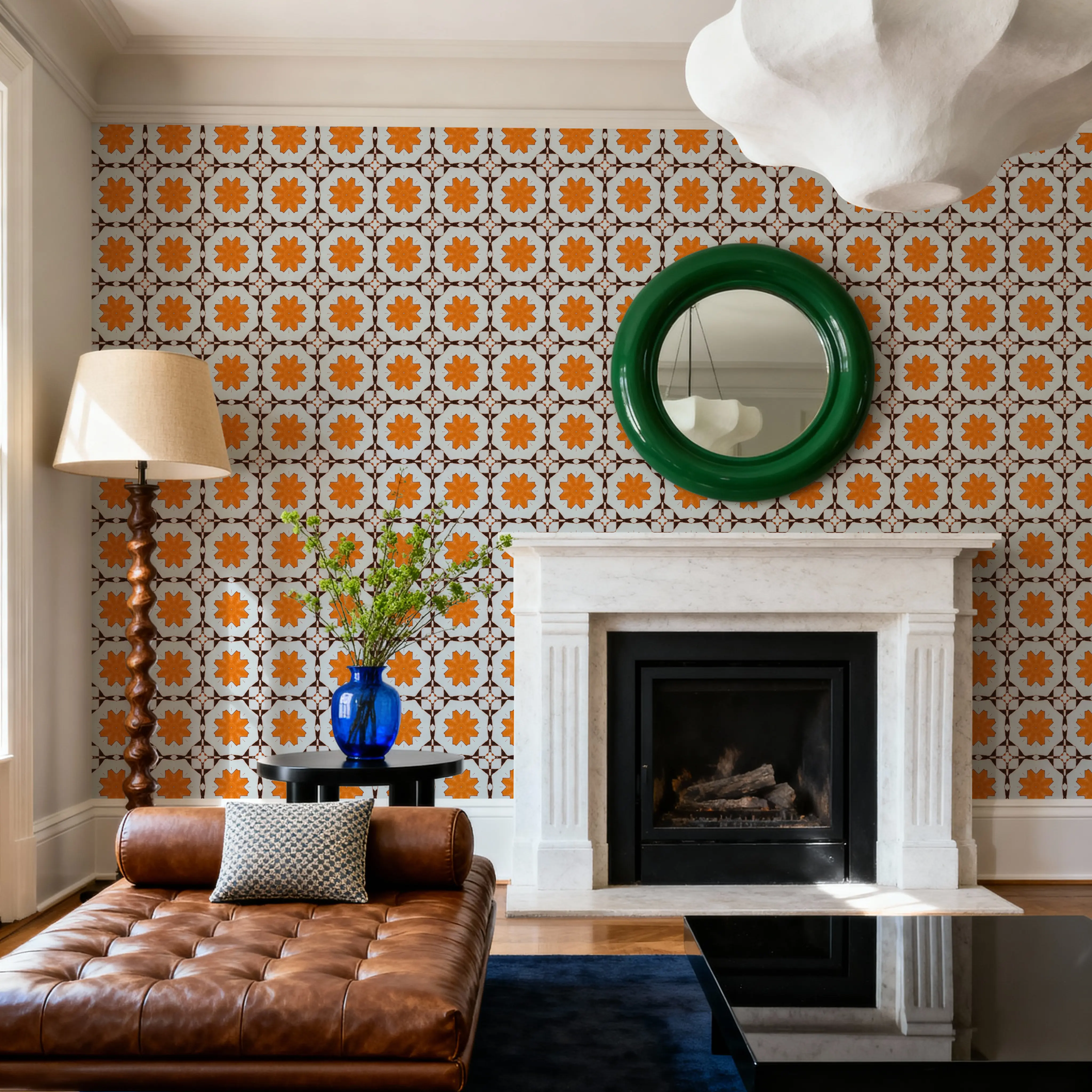 Papier Peint - Talizza - Carrés Carreaux - Orange - Salon - Wallism Belgique - Encollage au mur ou Autocollant