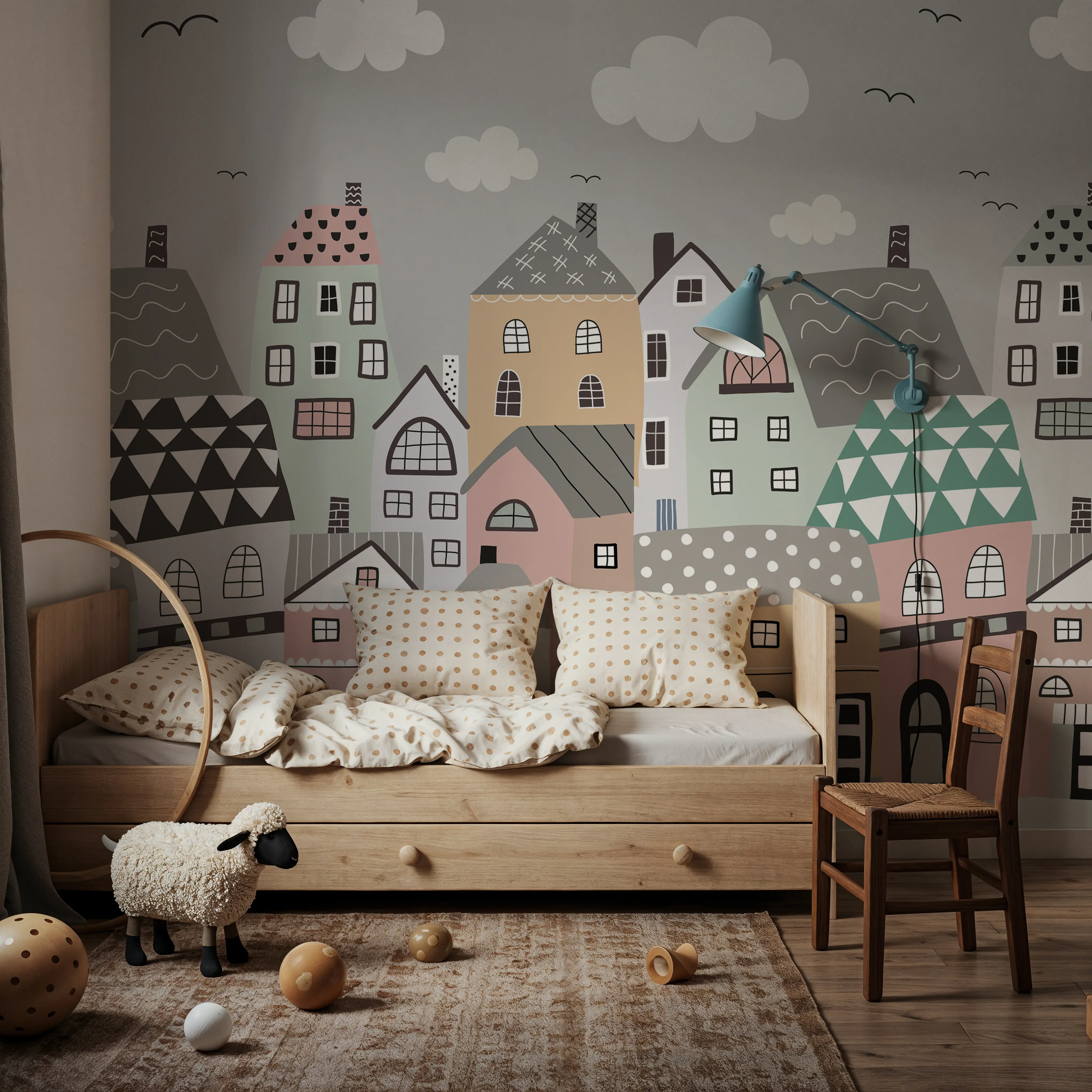 Fotobehang - My Best Friends Houses - Stippen Driehoeken Mural - Grijs - Kinderkamer - Wallism België - Zelfklevend of Vliesbehang