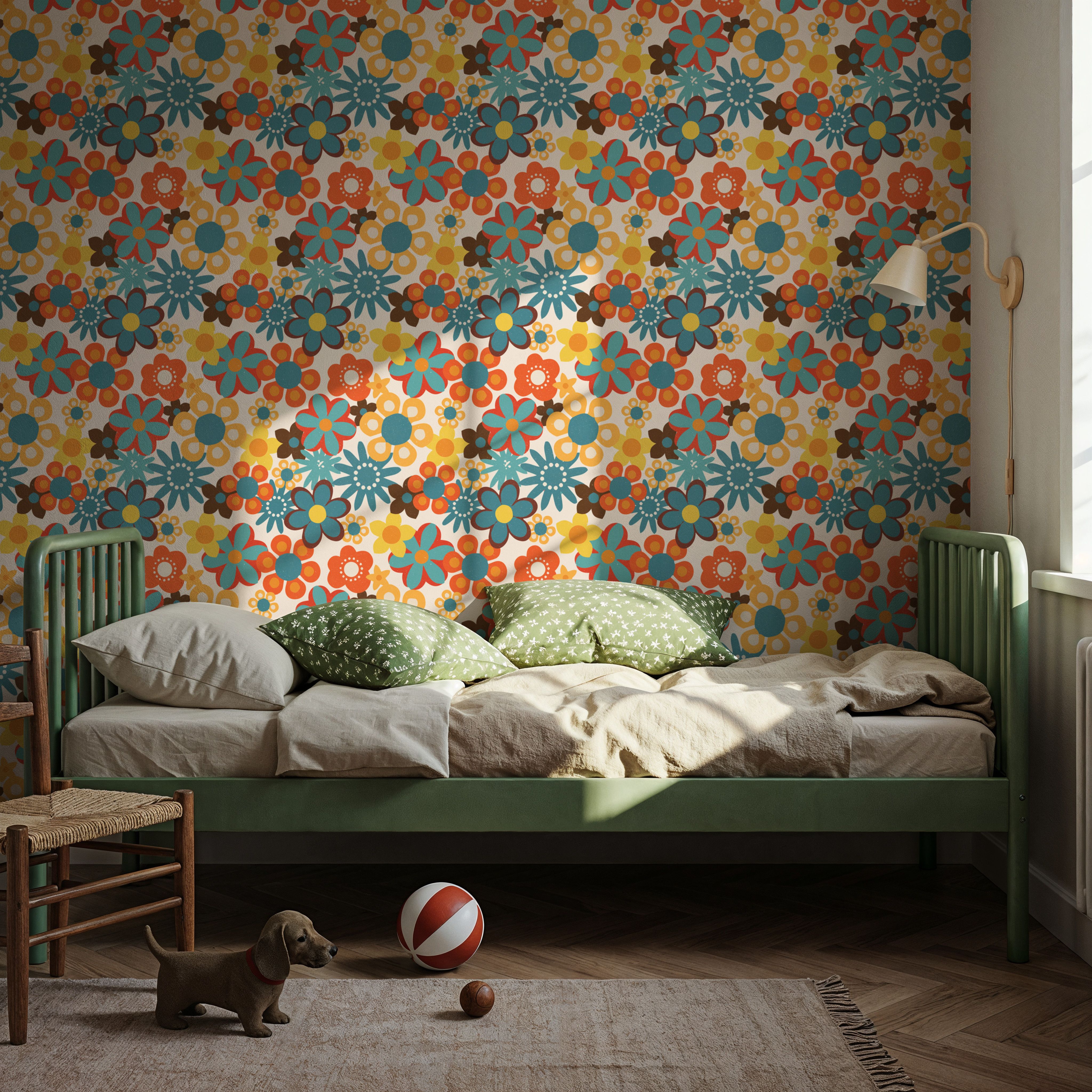 Flower Power, Yellow on Cream, Wallpaper